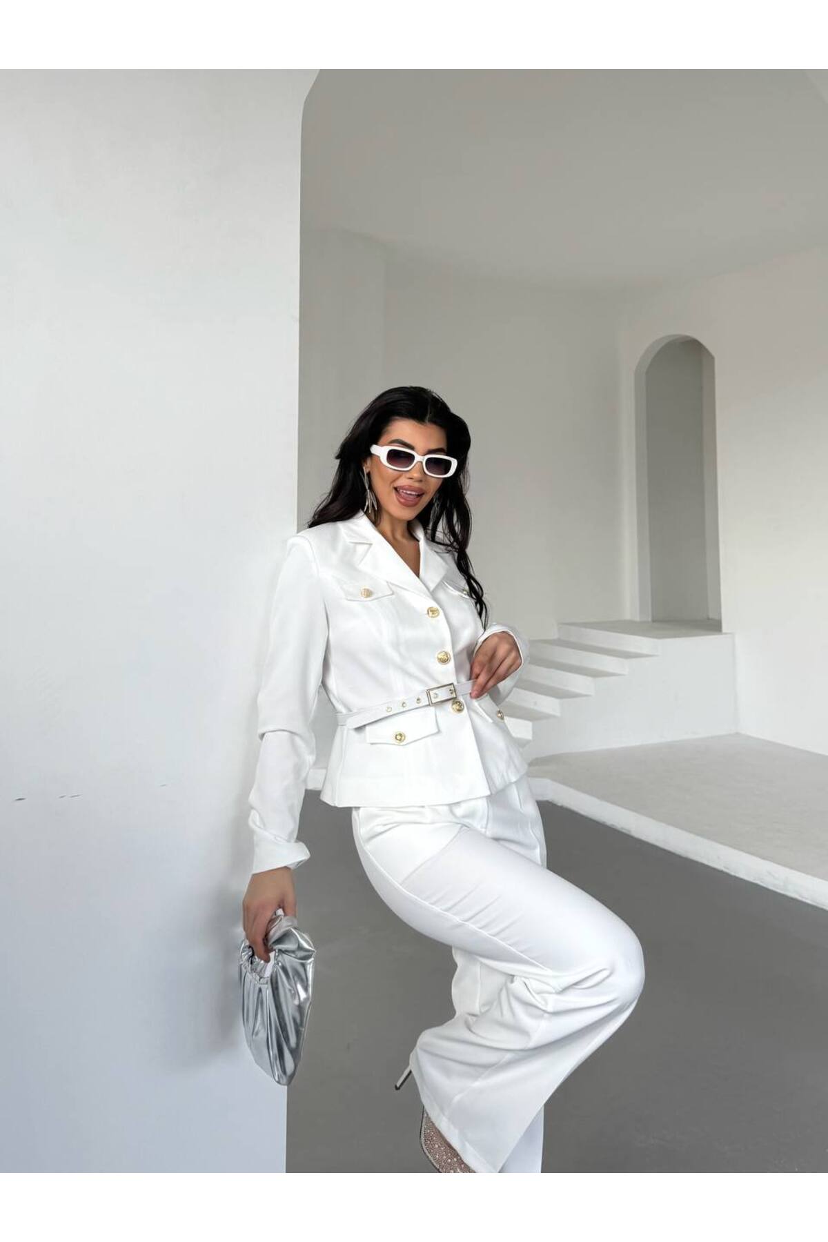 Women's Belted Suit with Gold Button Details - White - Görsel 3