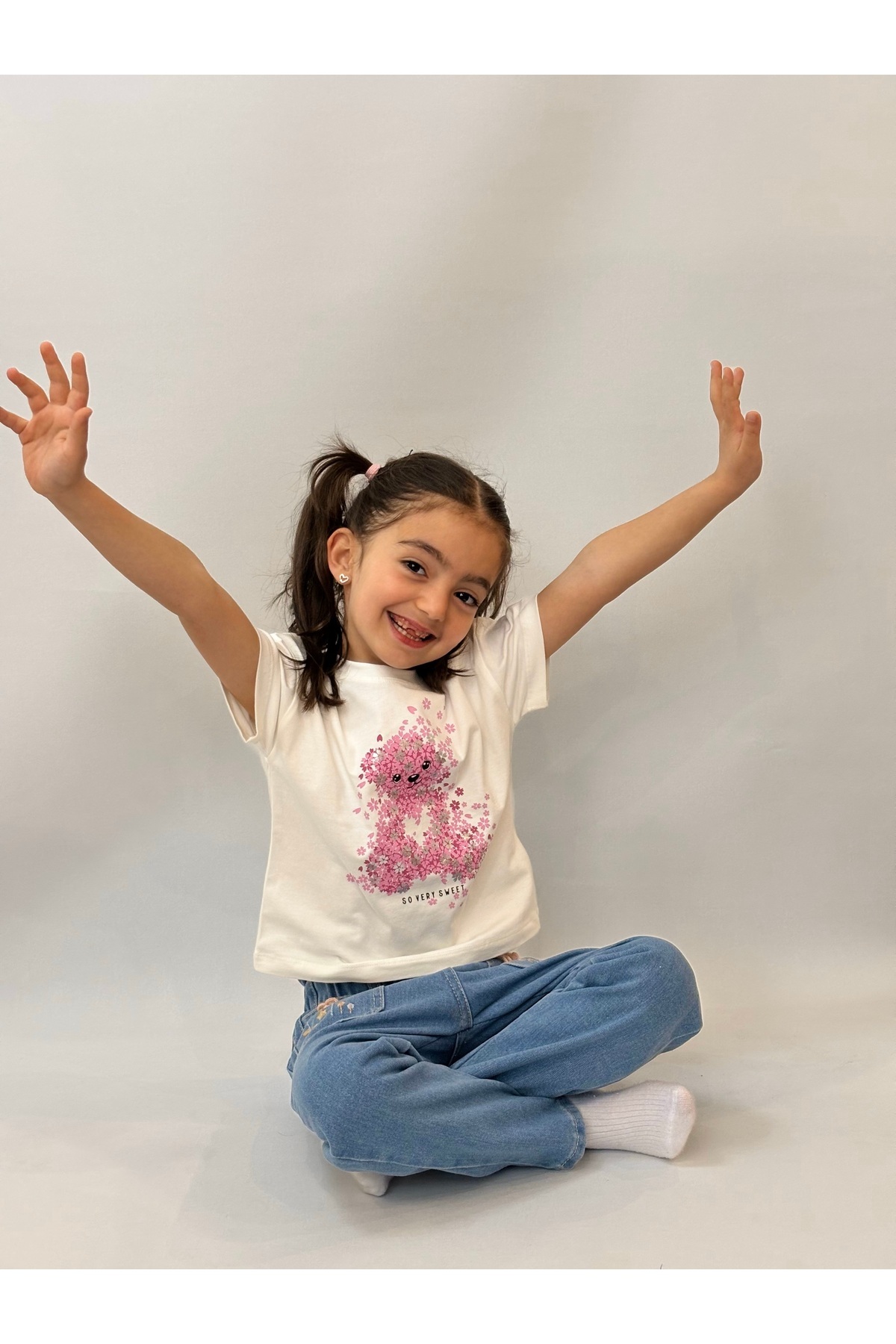 babymjuk Kız Çocuk Baskı Detaylı Tişört Ayıcık Çiçek Desenli Kız Çocuk Basic Tshirt fotoğrafı 3 (önizleme)