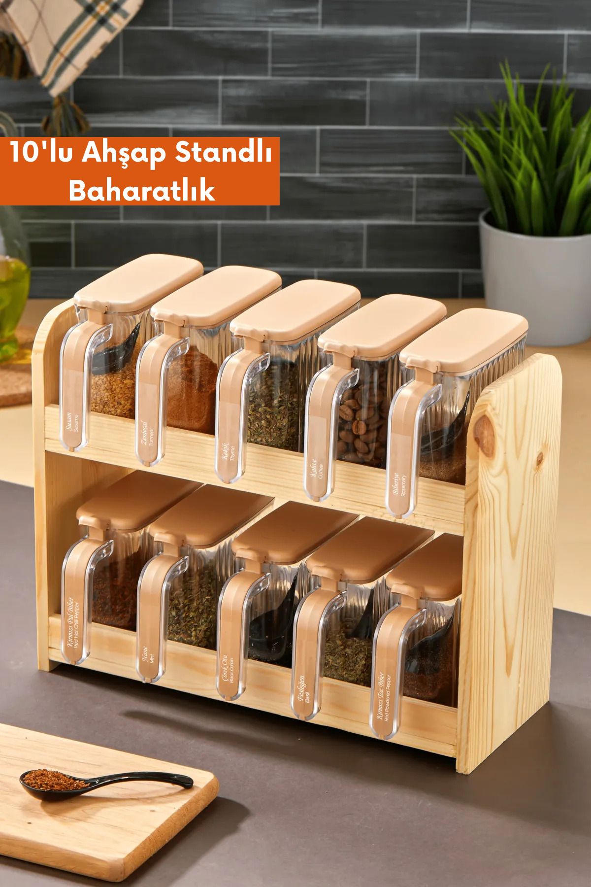 welcomein 10'lu Ahşap Standlı Baharatlık Seti – Kapaklı, Kaşıklı ve Kulplu Şeffaf Baharatlık Takımı Etiketli
