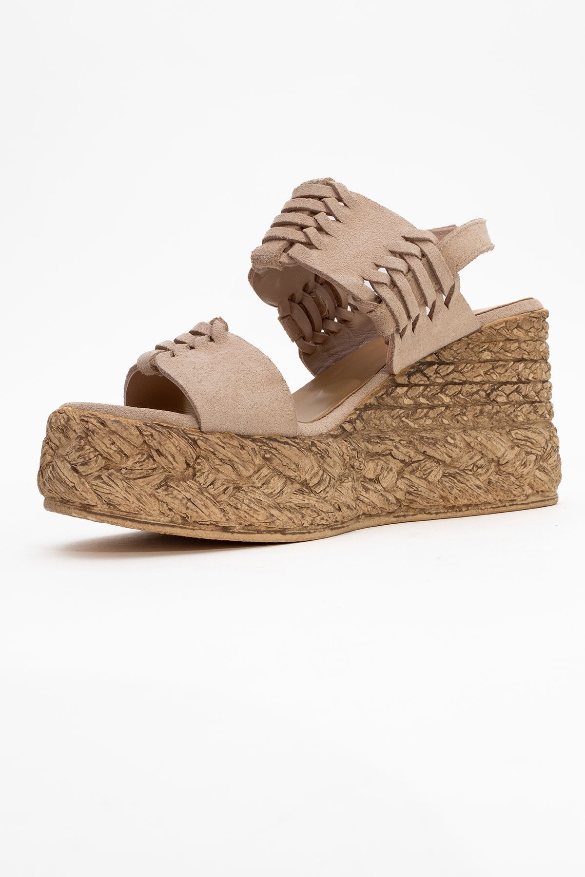 کفش پاشنه بلوکی زنانه OLIEN BEIGE SUEDE چرمی SANDALS دار را پر می کند luvishoes