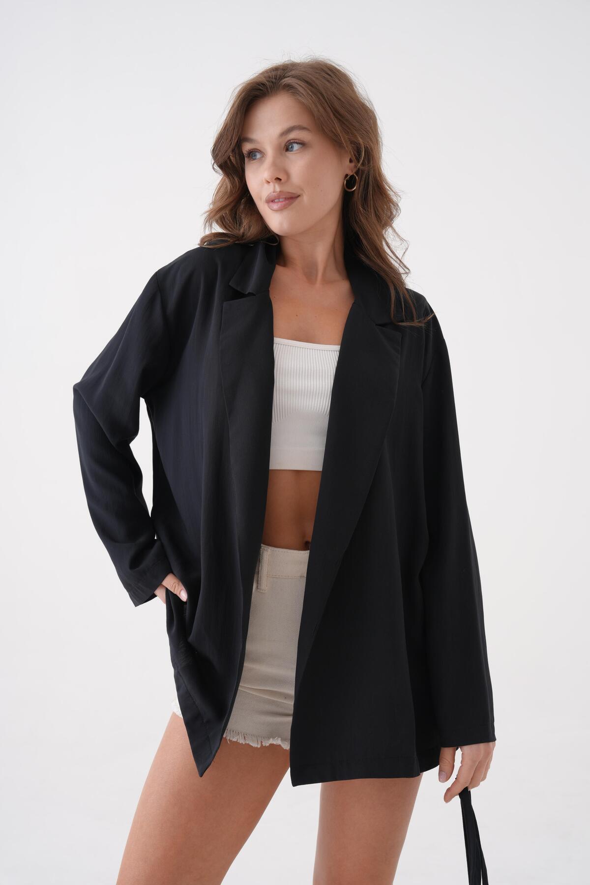 minaaise-Women's Black Lace Detailed Unlined Modal Jacket 29081 5