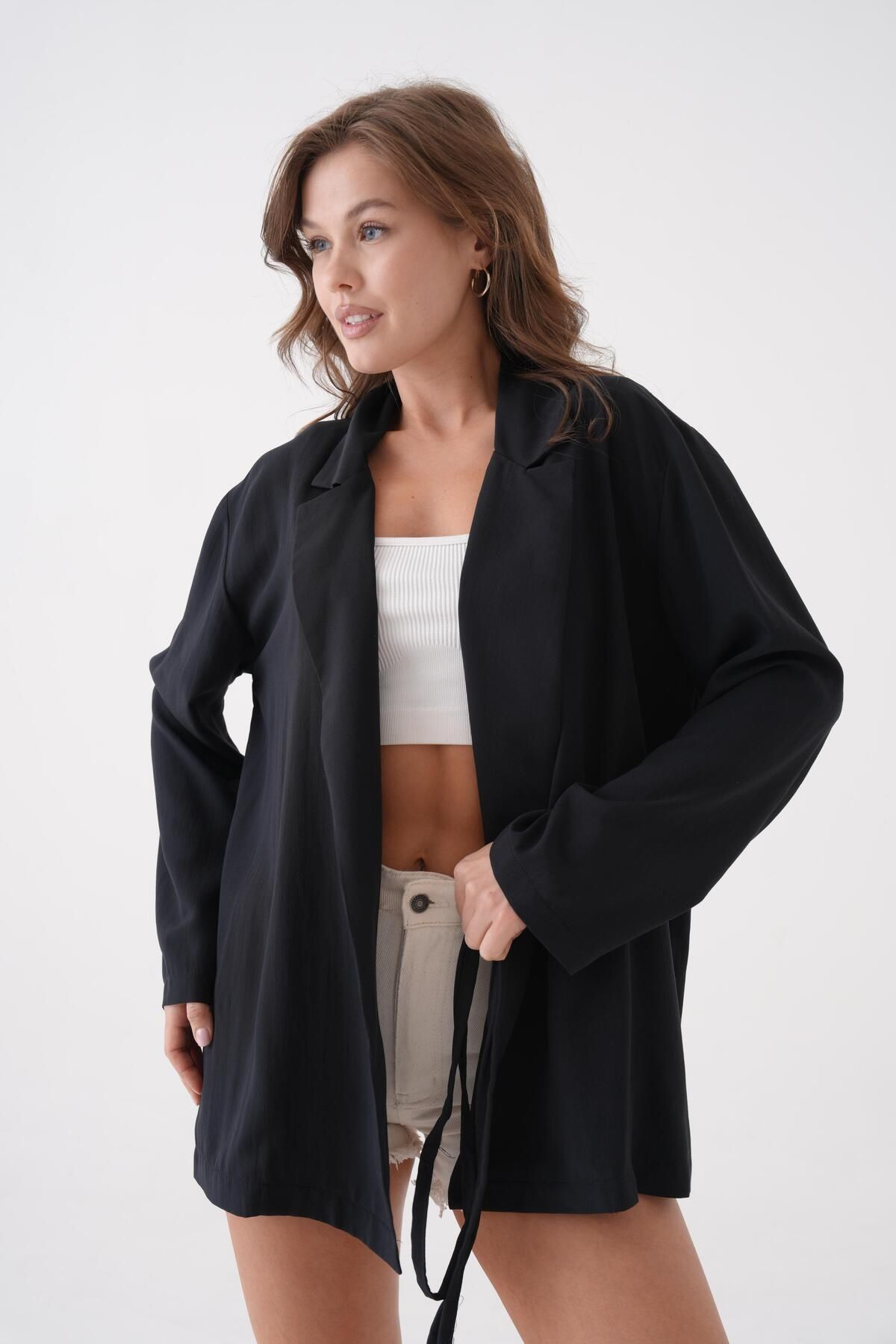 minaaise-Women's Black Lace Detailed Unlined Modal Jacket 29081 4