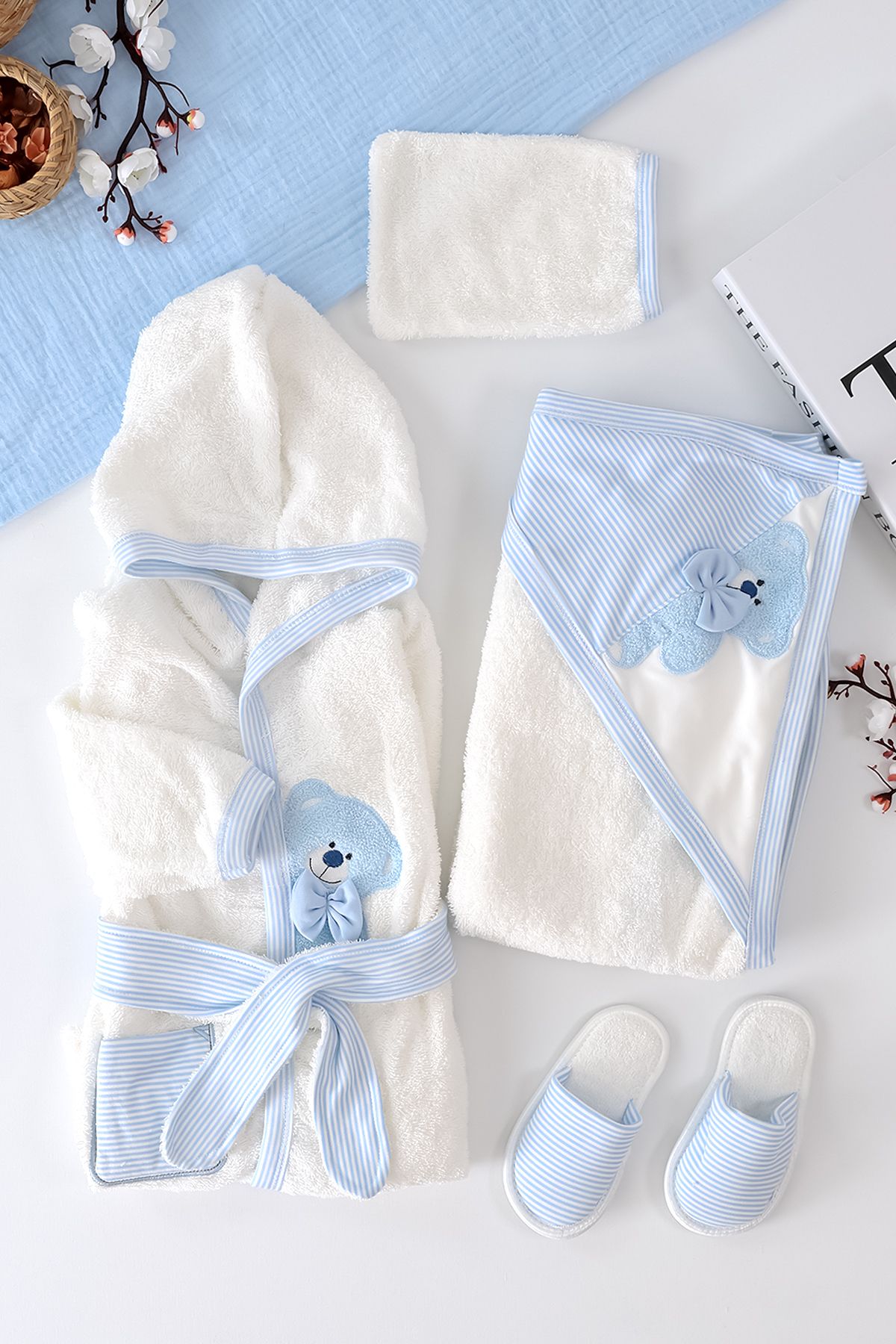 Sitilin Erkek Bebek Bear Bornoz Takımı Havlu Seti % 100 Pamuk Kumaş 0- 2 Yaş STL6986
