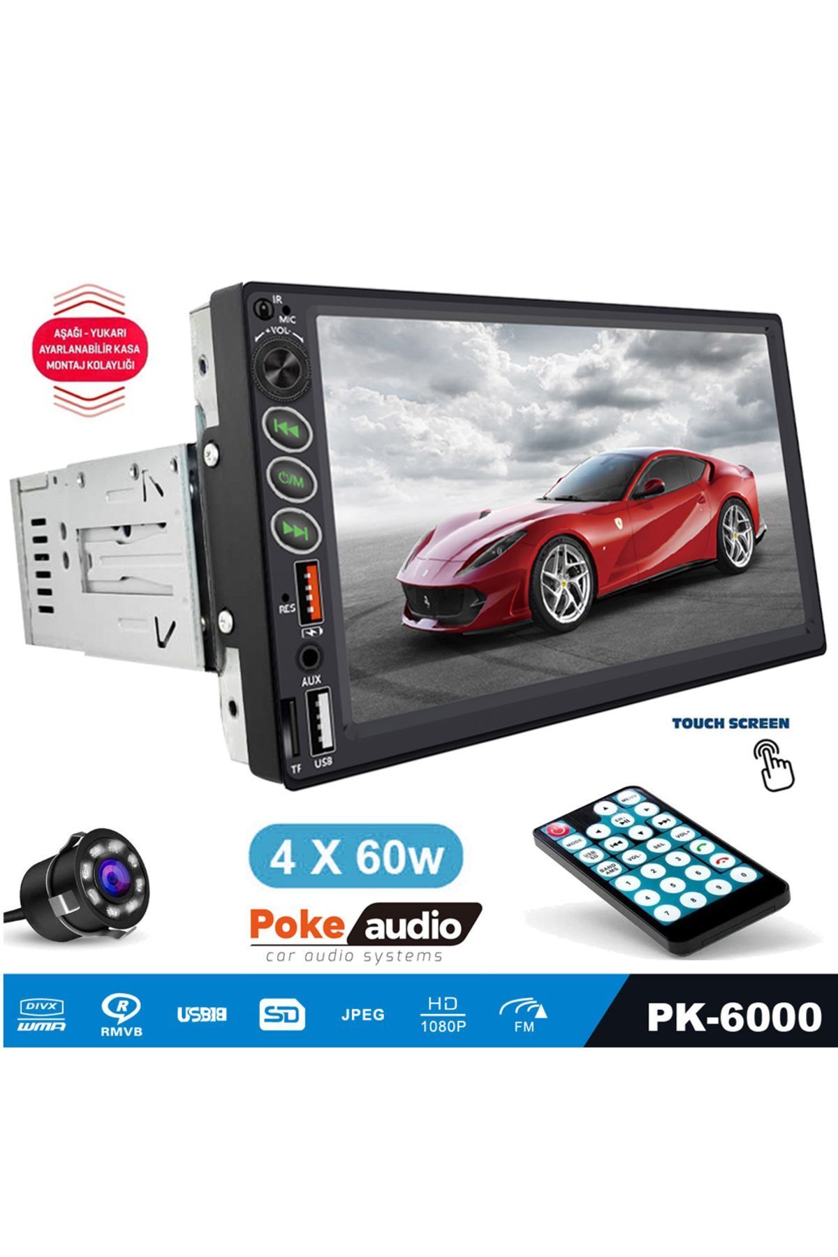 Poke Tofaş Tek Din Teyp 7 İnch 4x60 Watt 2xusb Şarjlı Kameralı Poke Pk-6000 Uyumlu