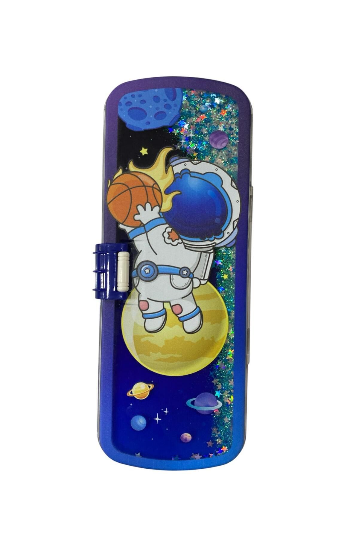 tüftürük Astronot Basketbollu Metal Çift Bölmeli Kalem Kutusu Sulu Kapak
