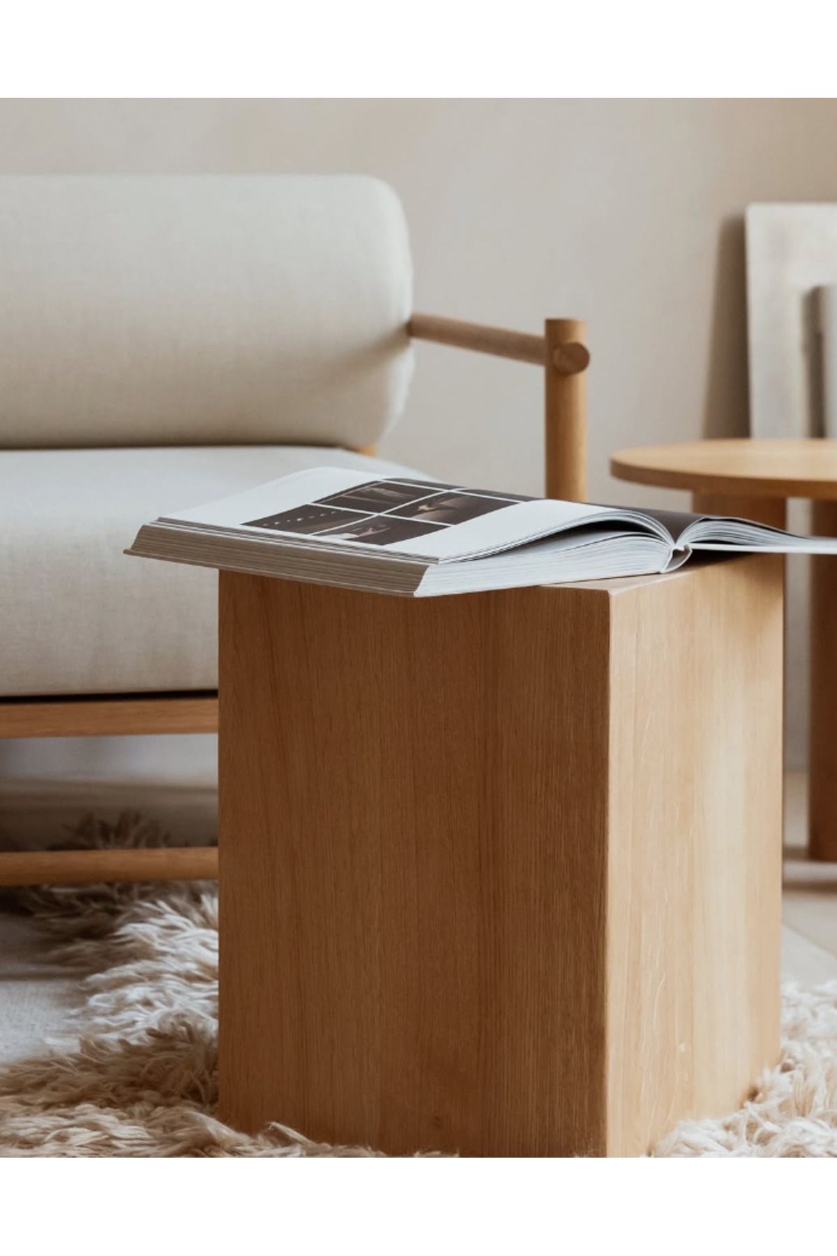 TEKNATURE Masif Ahşap Minimalist Yan Sehpa / Kitaplık – Doğal Ahşap Renk