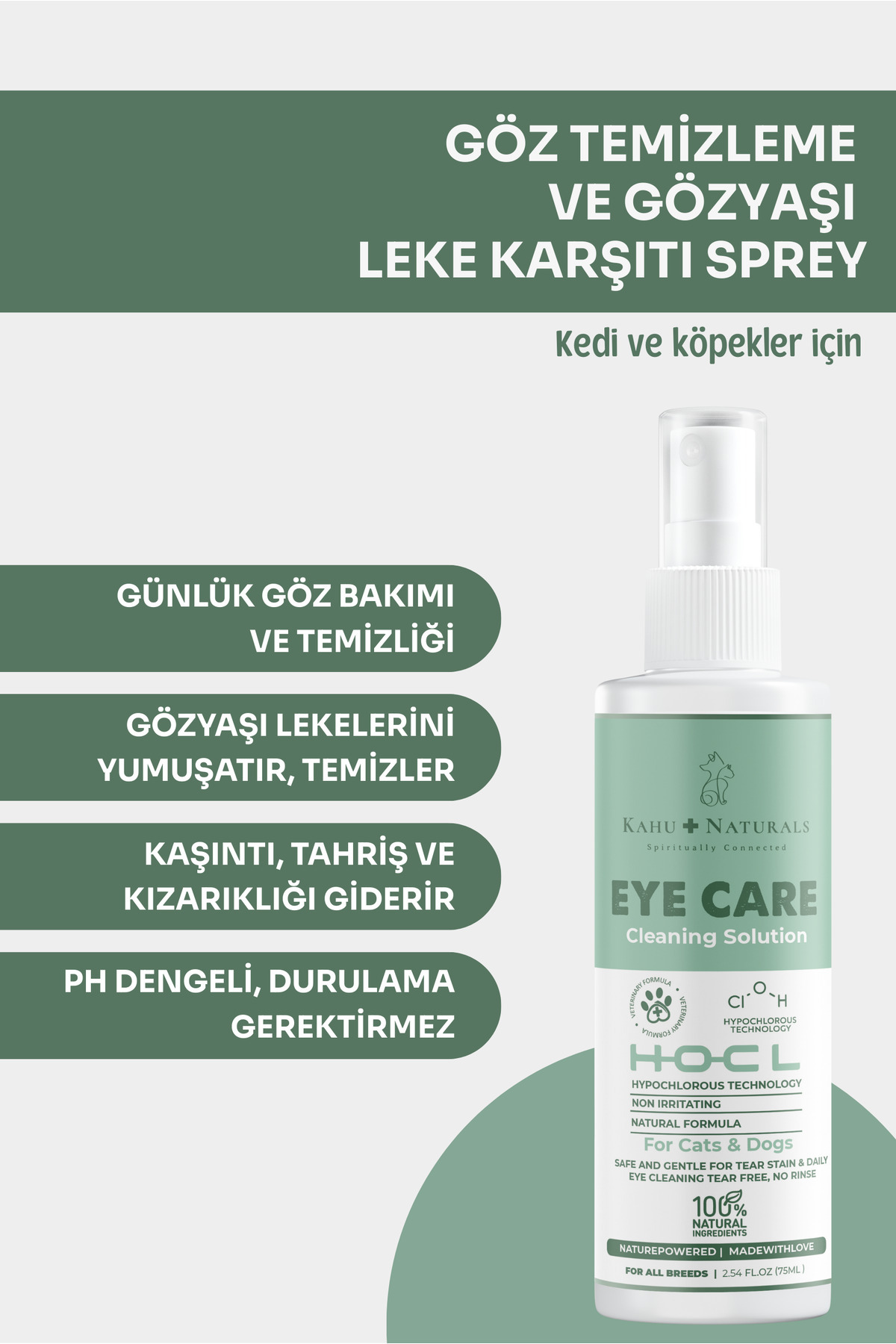 Kahu Naturals Spiritually Connected Göz Temizleme Solüsyonu, Alerji Kızarıklık Enfeksiyon Gözyaşı Lekesi Bakımı, Kedi ve Köpek, 75 ml