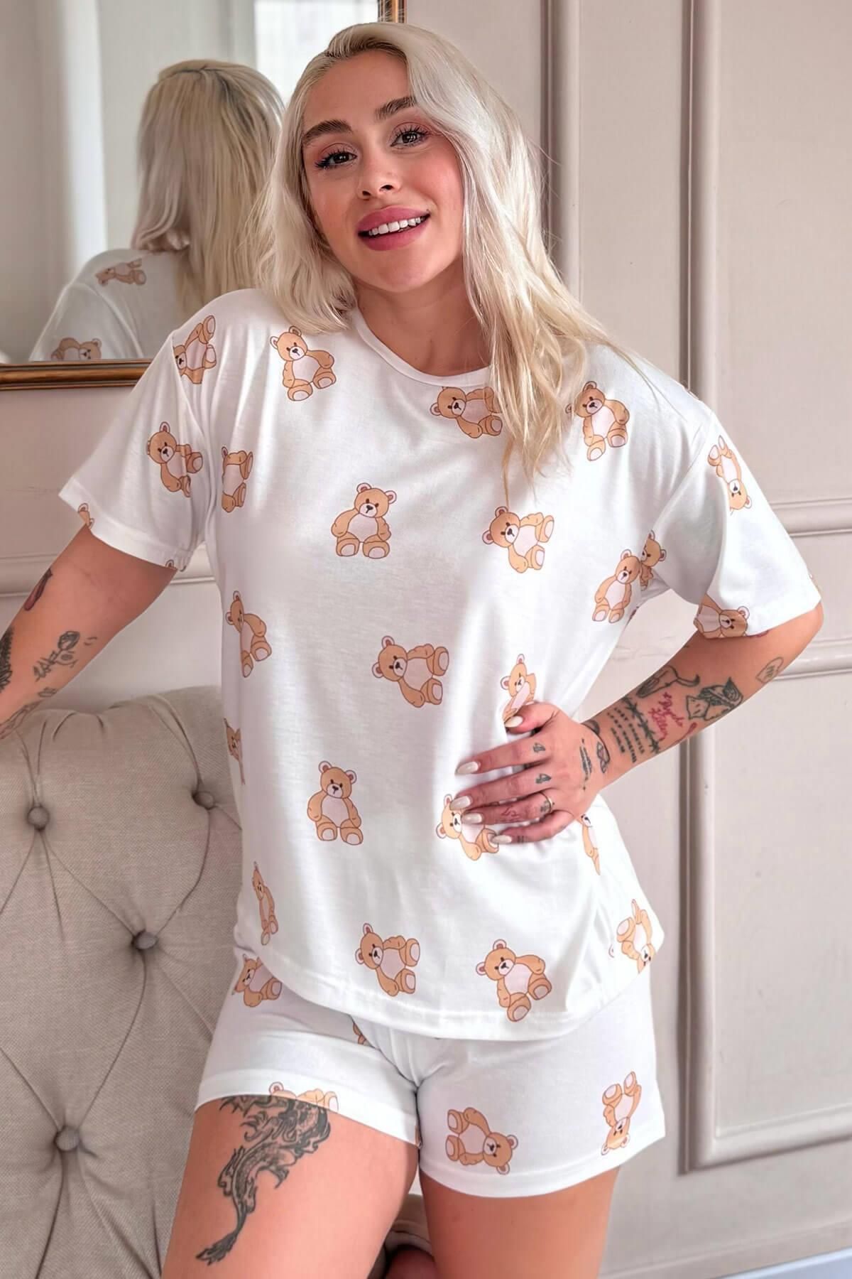 Pijamaevi Doux Bear Patterned Short Sleeve Dzianinowy Damski Komplet Piżamowy Z Krótkim Rękawem I Szortami Kobieta - L