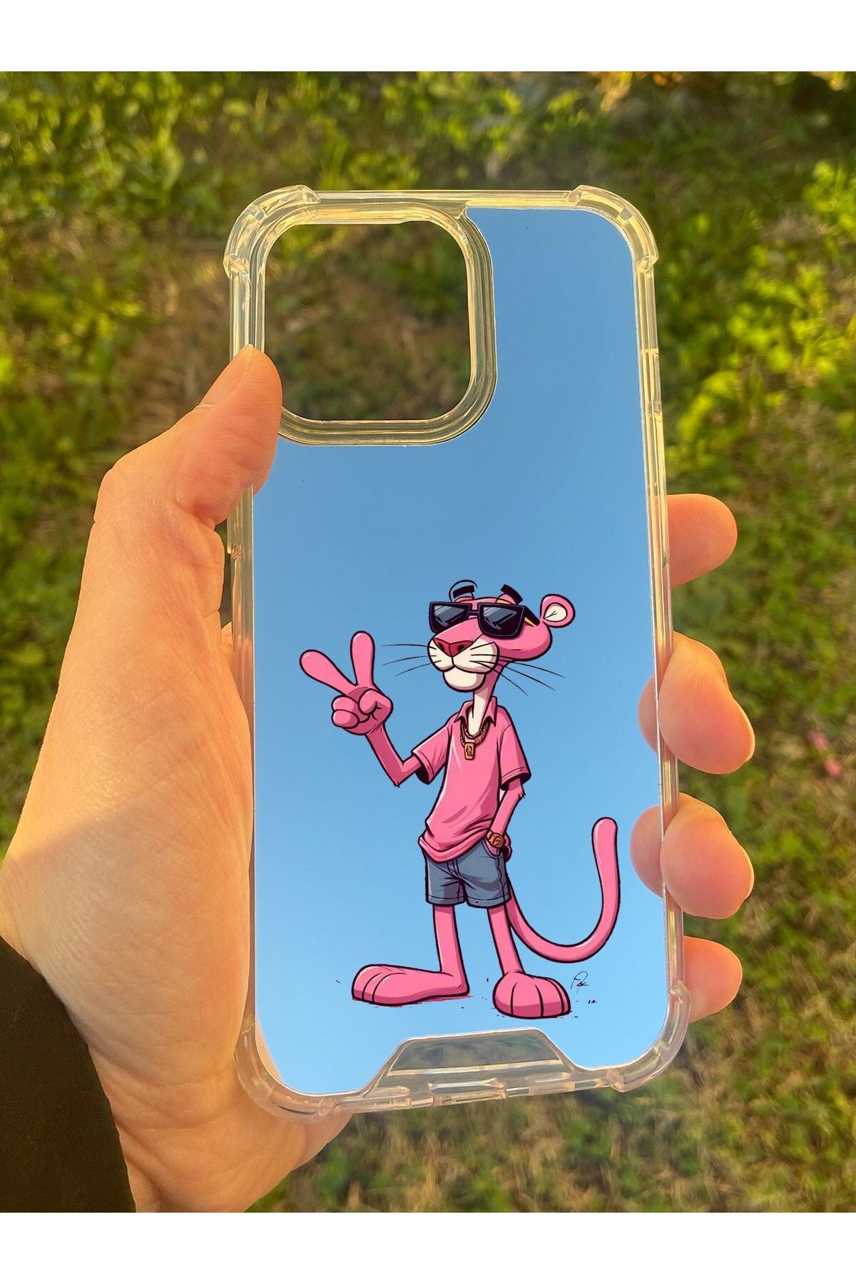 MBB ETİCARET İphone 15 Pro Uyumlu Aynalı Pembe Panter Desenli Darbe Kamera Korumalı Silikon Telefon Kılıfı