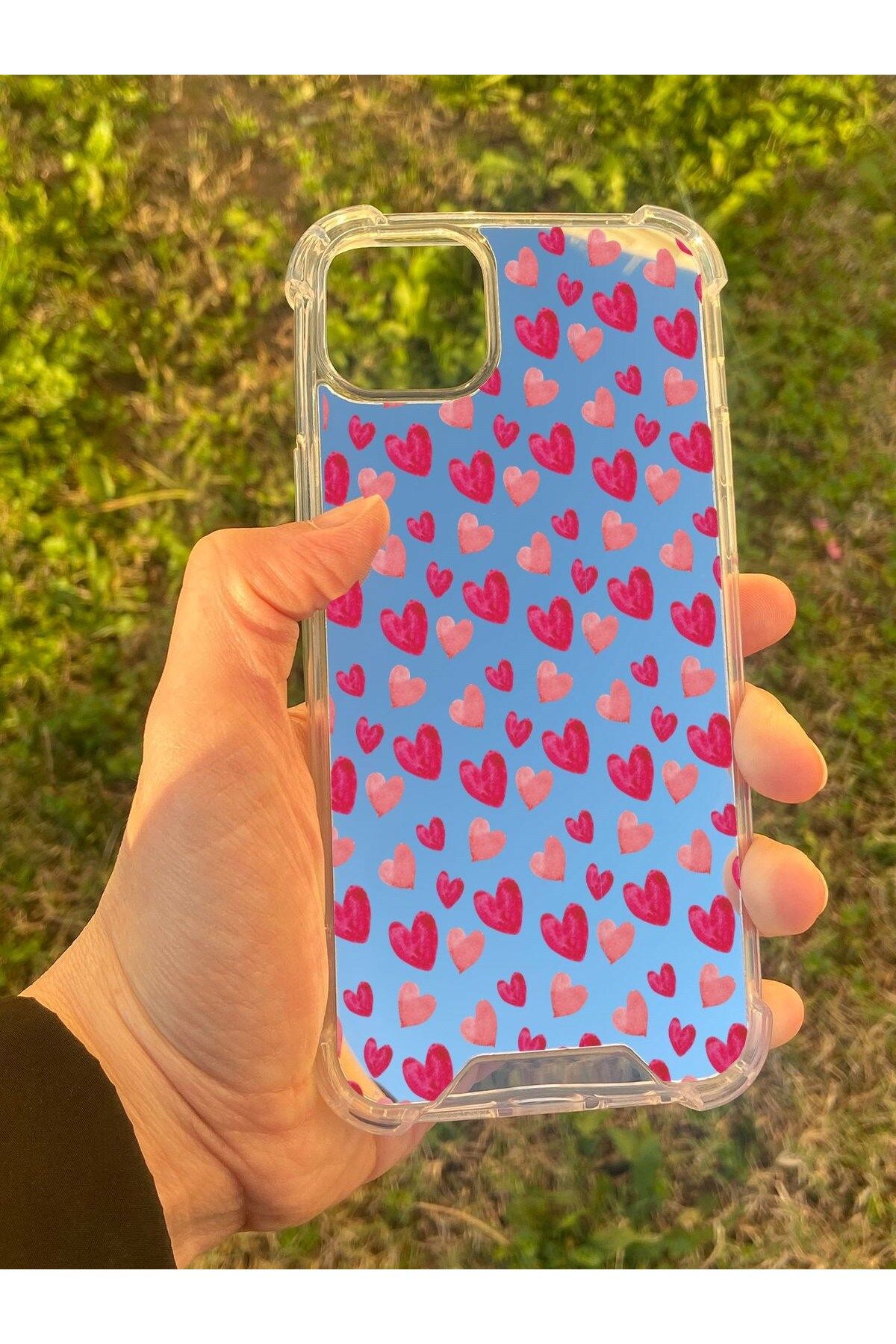 blueb İphone 15 Plus Uyumlu Aynalı Kalp Desenli Darbe Kamera Korumalı Silikon Telefon Kılıfı