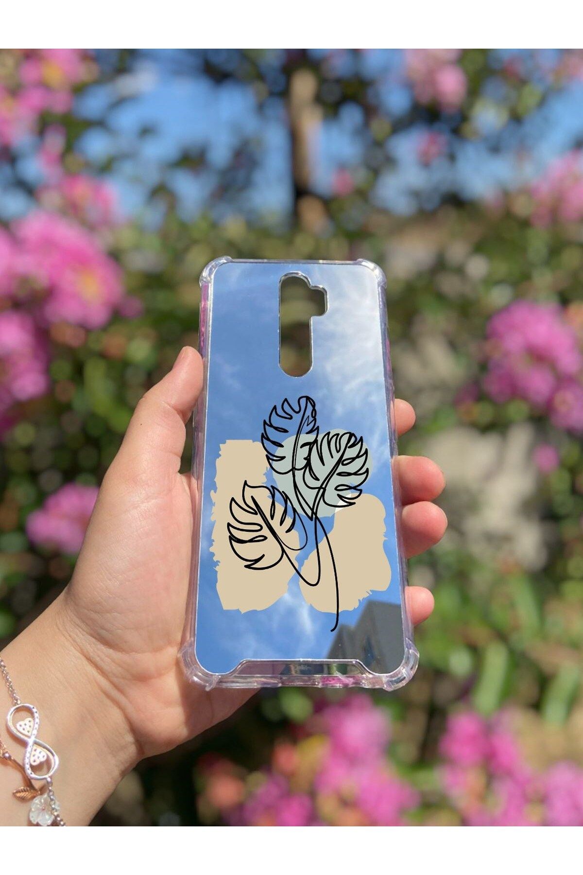 MBB ETİCARET Oppo A9 2020 Uyumlu Aynalı Monstera Desenli Darbe Kamera Korumalı Silikon Telefon Kılıfı