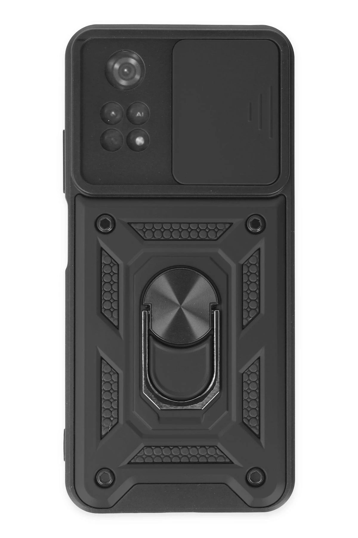 NewFace Xiaomi Poco M4 Pro 4G Kılıf Pars Lens Yüzüklü Silikon - Siyah FERRG