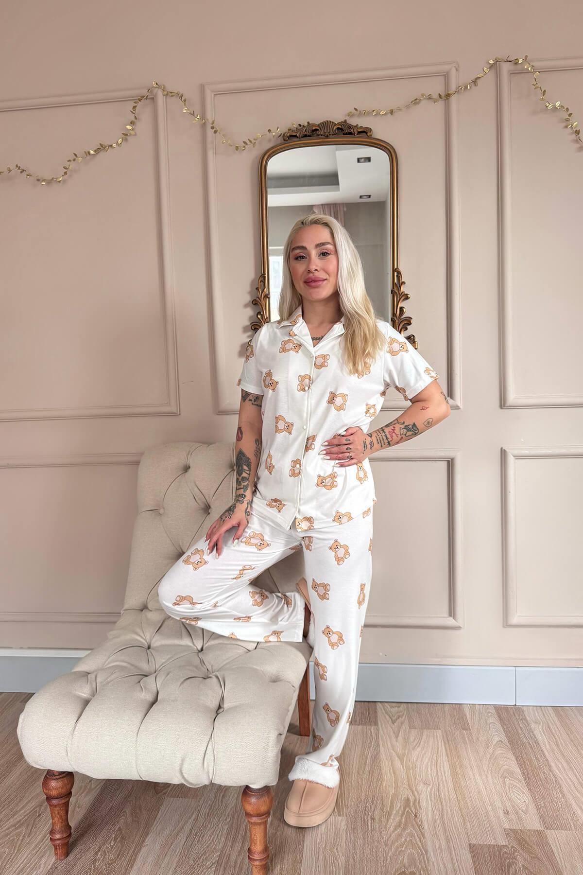 Pijamaevi-Doux Bear Print Bamboo Front Button Short Sleeve Pajama Set 5