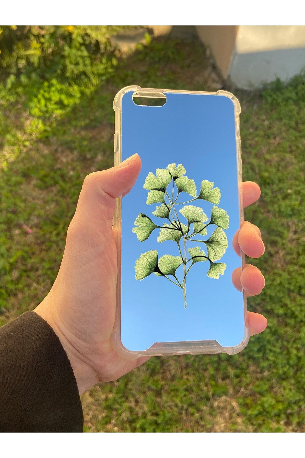 blueb İphone 6 Plus Uyumlu Aynalı Ginkgo Desenli Darbe Kamera Korumalı Silikon Telefon Kılıfı