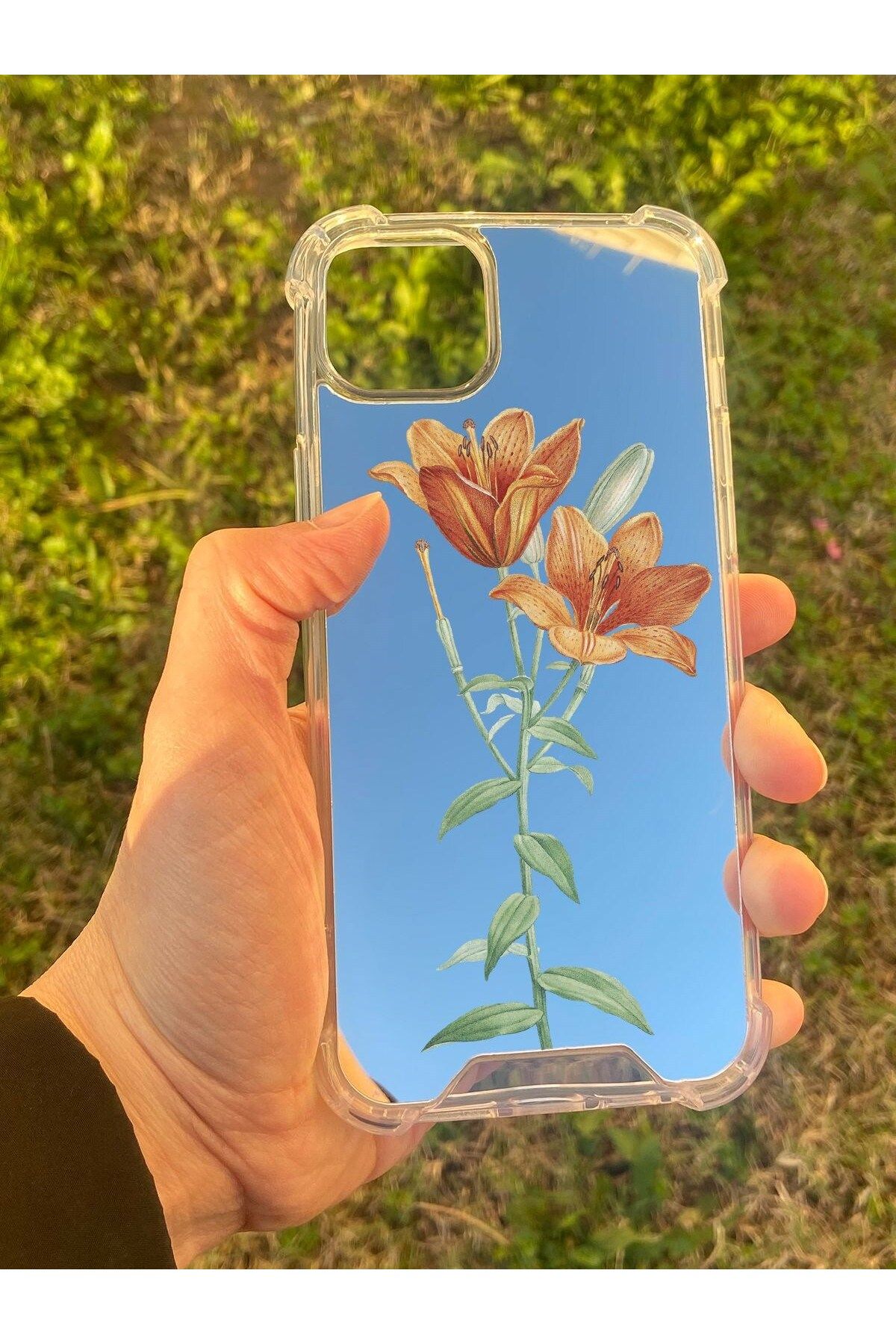 blueb İphone 14 Plus Uyumlu Aynalı Turuncu Lale Desenli Darbe Kamera Korumalı Silikon Telefon Kılıfı