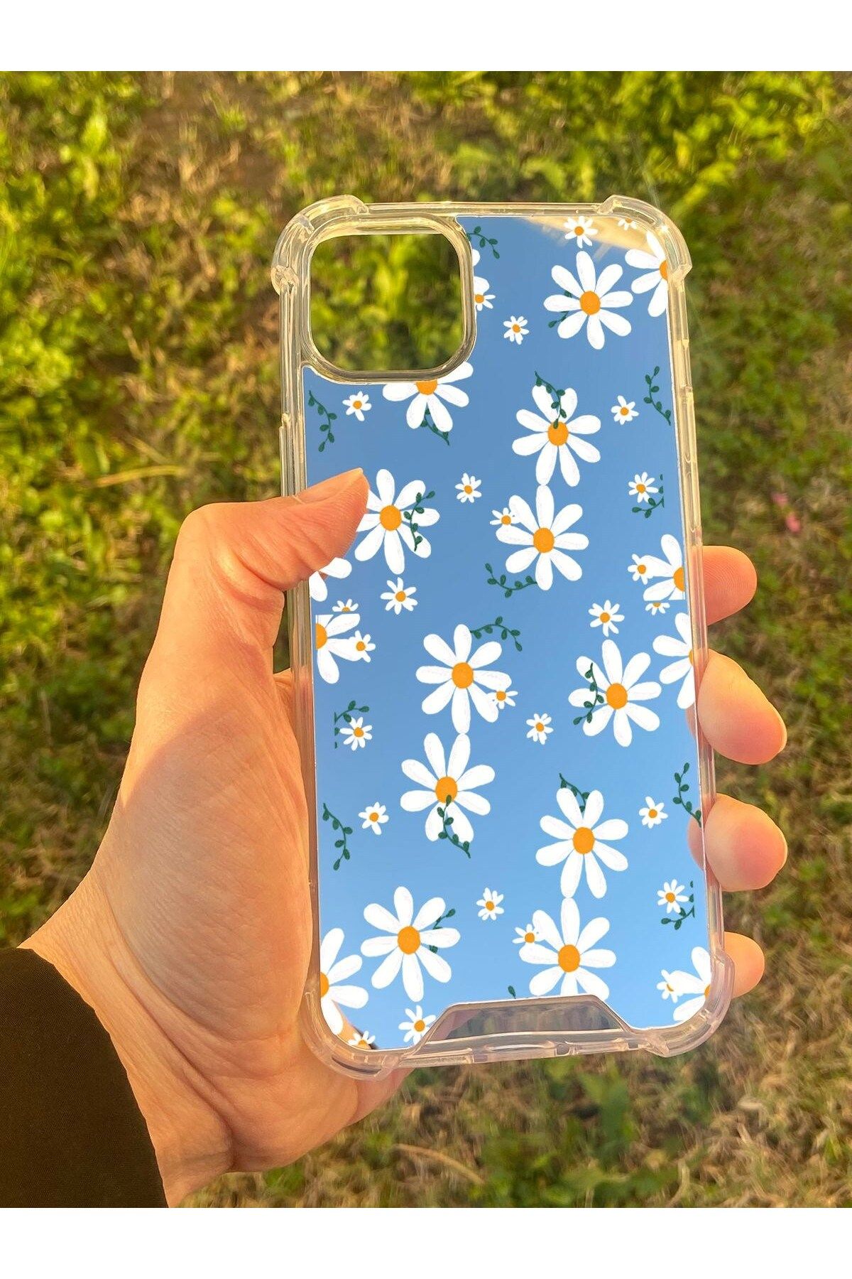 blueb İphone 15 Plus Uyumlu Aynalı Papatya Desenli Darbe Kamera Korumalı Silikon Telefon Kılıfı