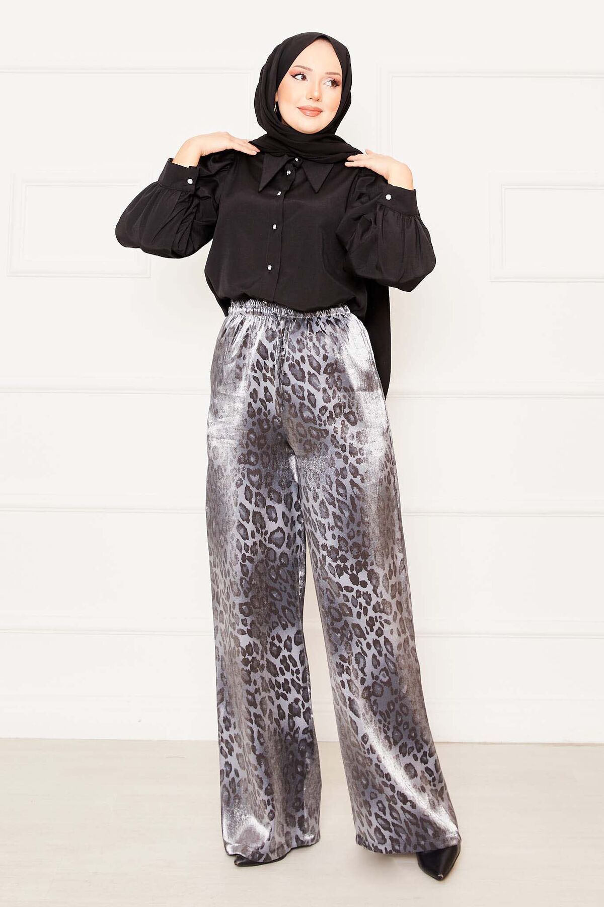 EBRUTESETTÜR-Leopard Patterned Viscose Trousers with Elastic Waist 2