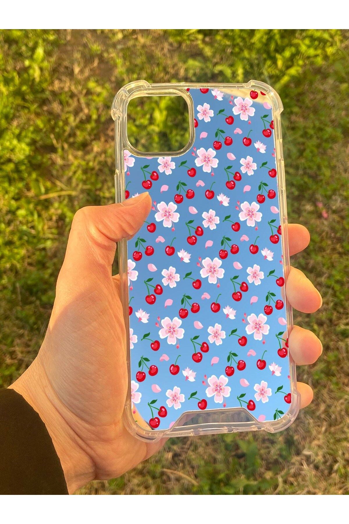 blueb İphone 14 Plus Uyumlu Aynalı Kiraz Desenli Darbe Kamera Korumalı Silikon Telefon Kılıfı