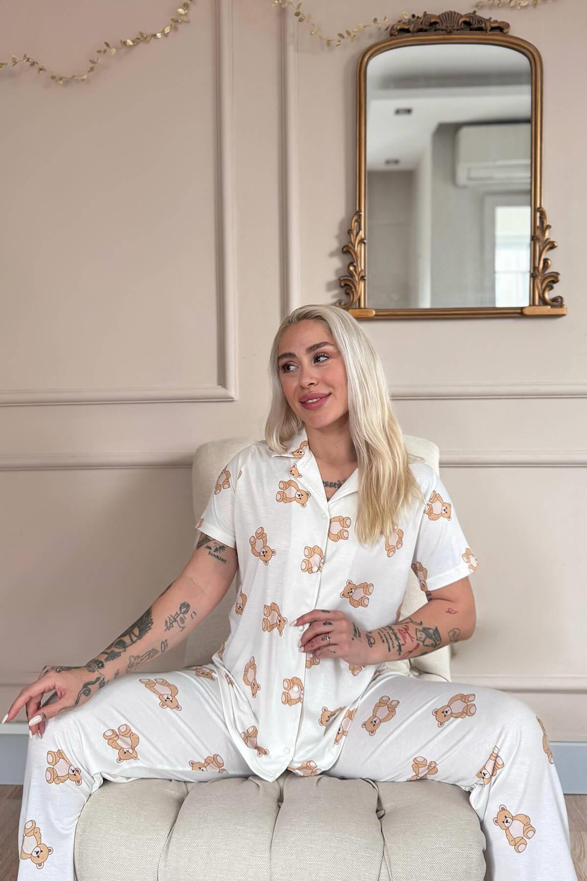 Pijamaevi-Doux Bear Print Bamboo Front Button Short Sleeve Pajama Set 3
