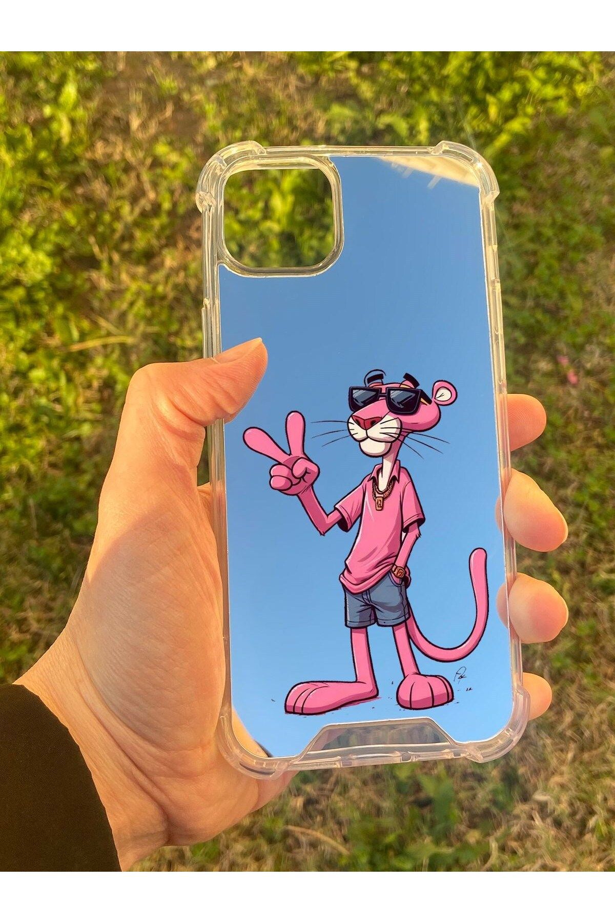 blueb İphone 15 Plus Uyumlu Aynalı Pembe Panter Desenli Darbe Kamera Korumalı Silikon Telefon Kılıfı