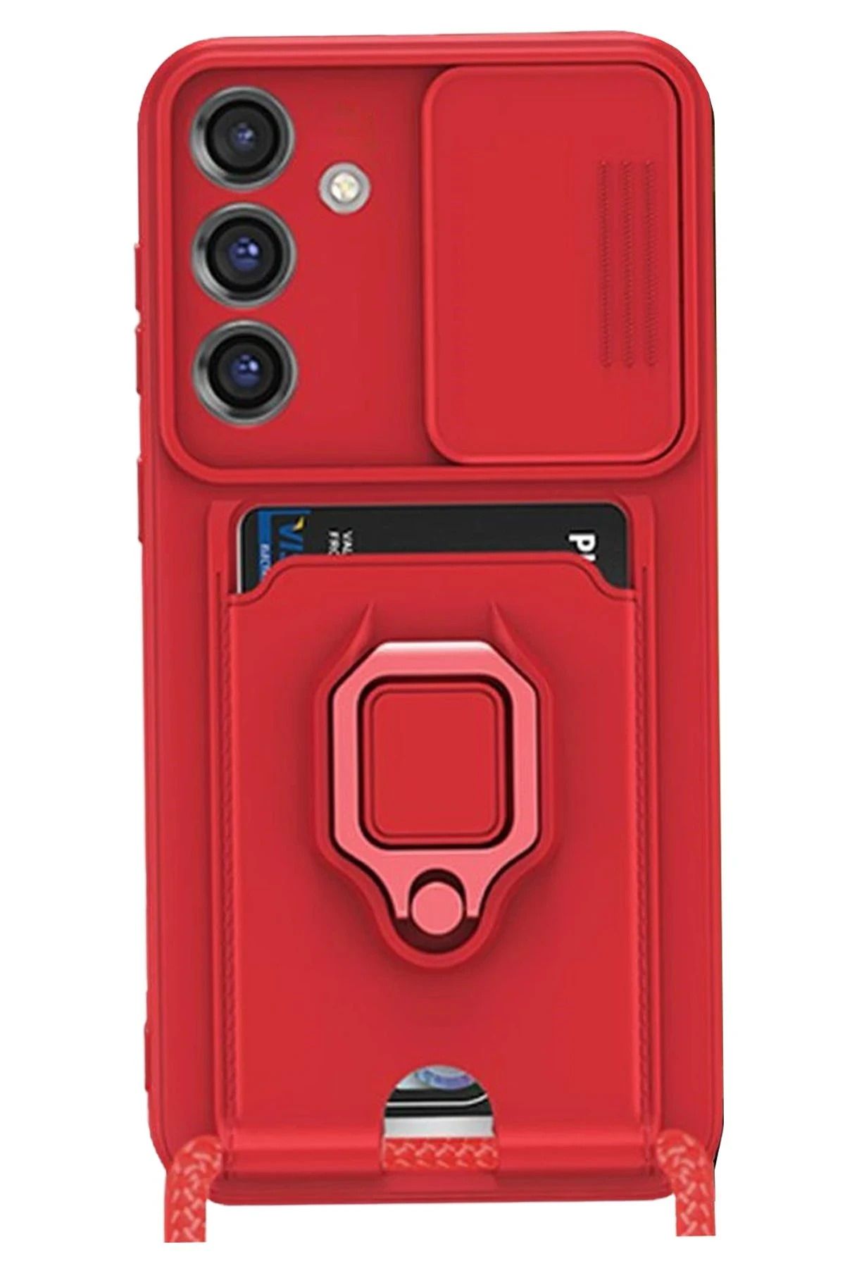 NewFace Samsung Galaxy A55 5G Kılıf Zuma Kartvizitli Yüzüklü Silikon - Kırmızı JOJUA
