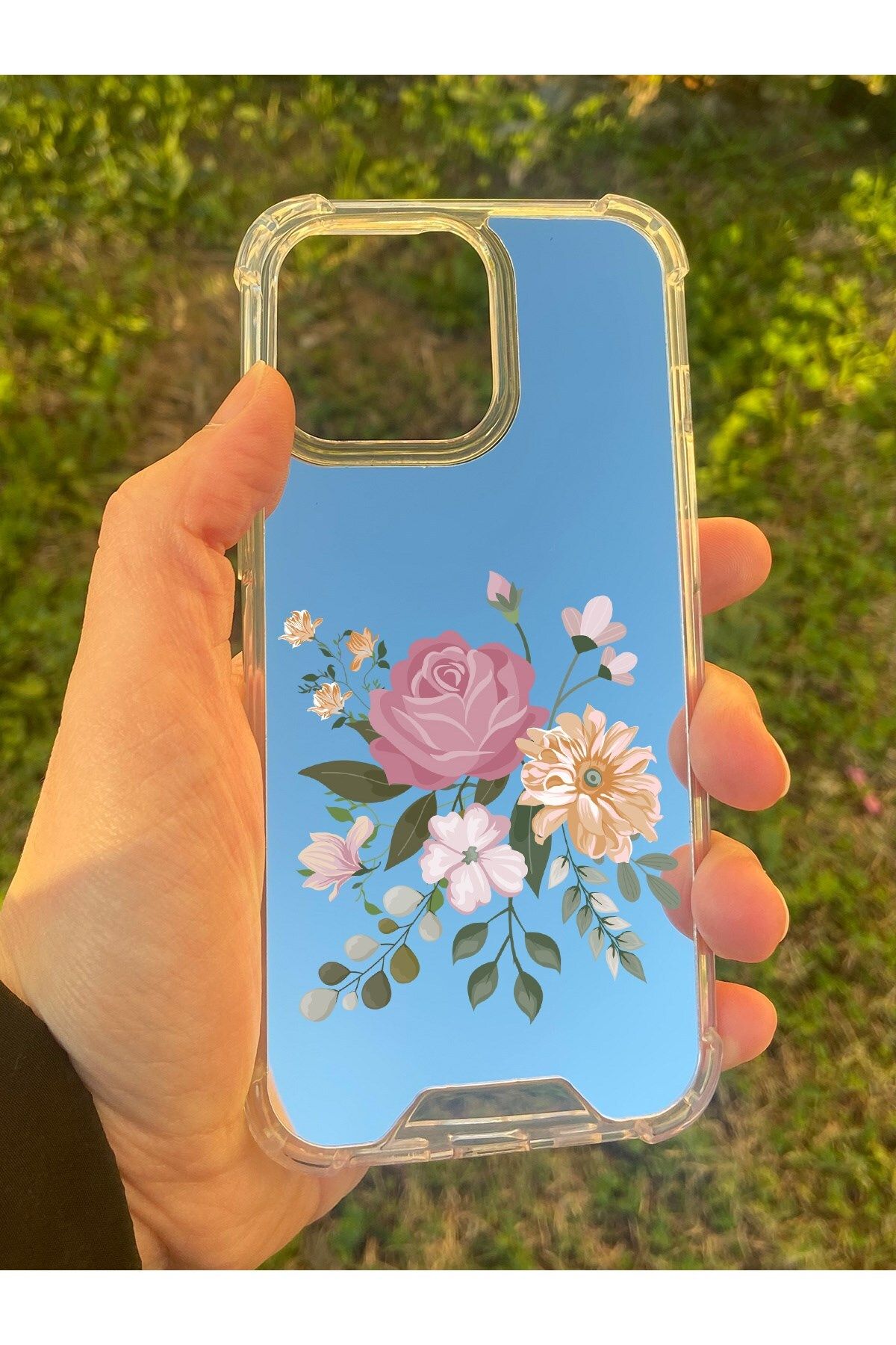 blueb İphone 13 Pro Uyumlu Aynalı Pembe Gül Desenli Darbe Kamera Korumalı Silikon Telefon Kılıfı
