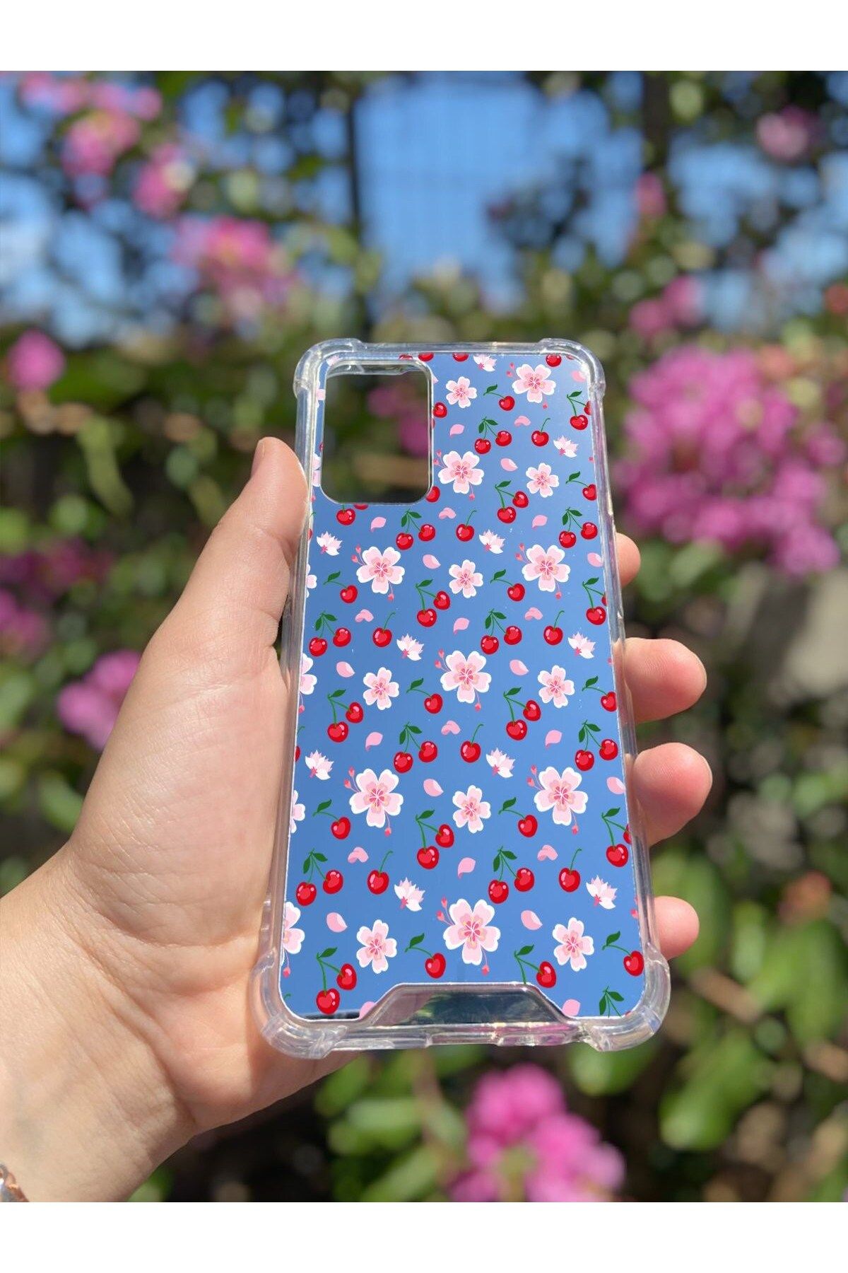blueb Oppo A54 4G Uyumlu Aynalı Kiraz Desenli Darbe Kamera Korumalı Silikon Telefon Kılıfı