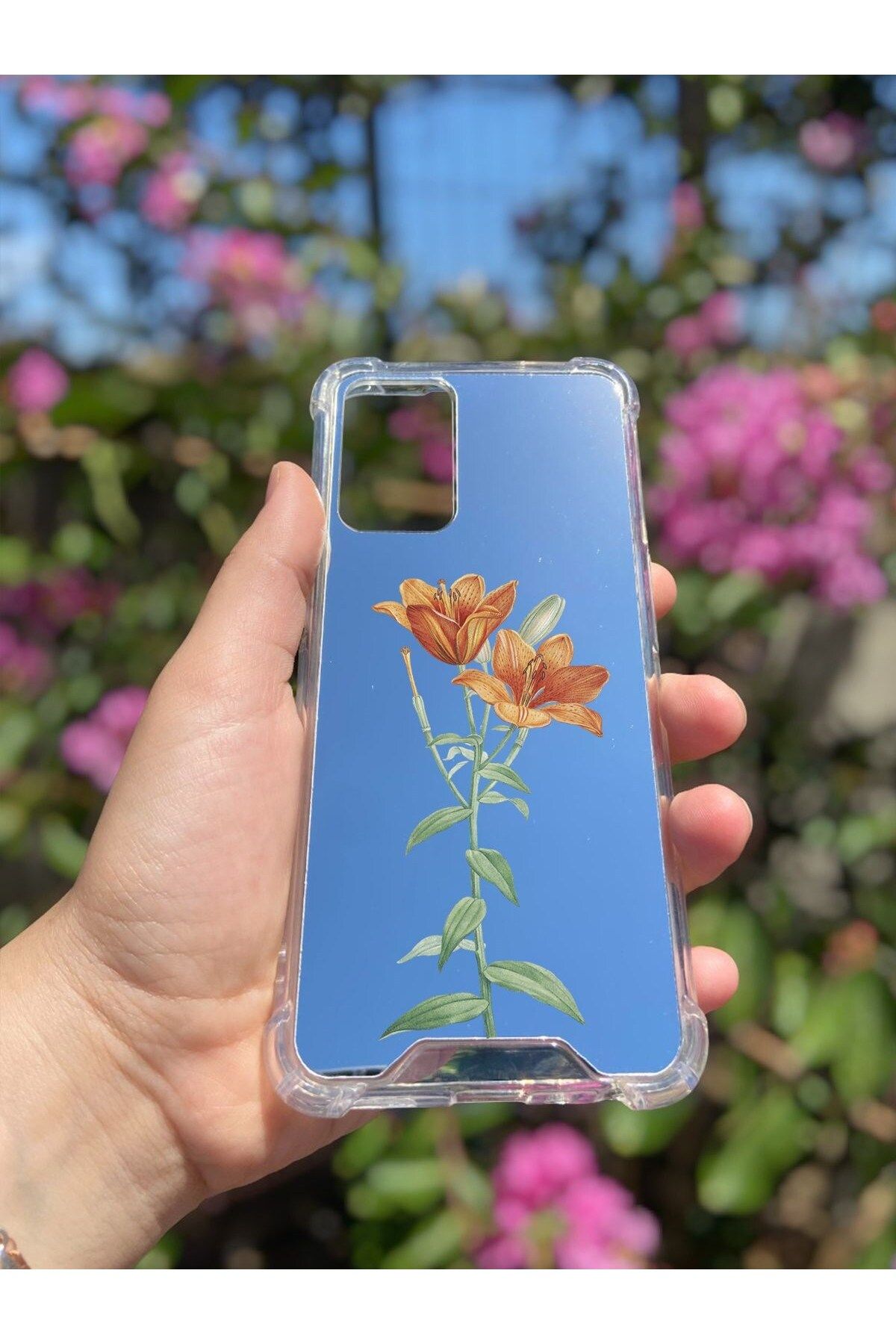 blueb Oppo A54 4G Uyumlu Aynalı Turuncu Lale Desenli Darbe Kamera Korumalı Silikon Telefon Kılıfı