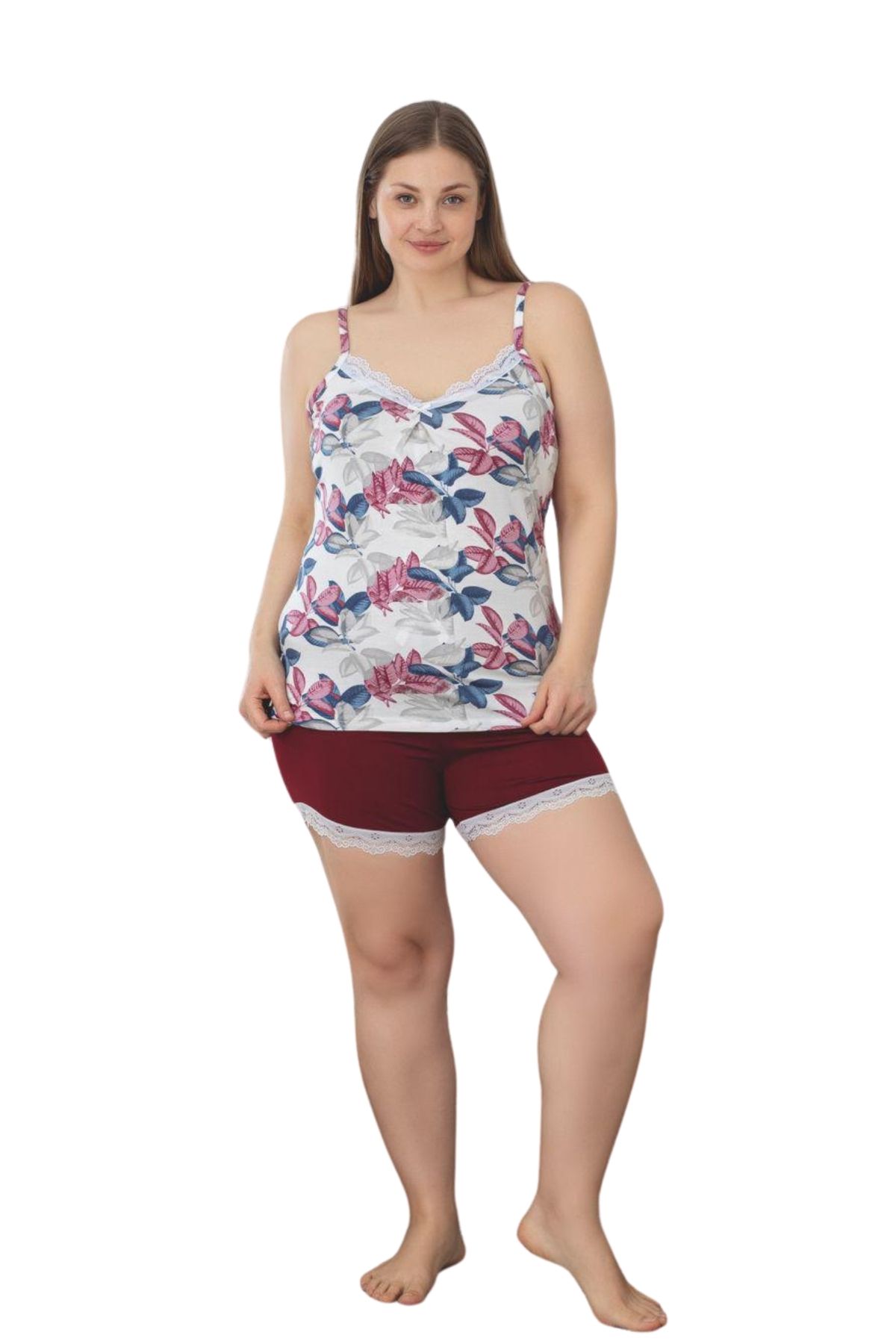 Farya Home-Plus Size Lycra Viscose Lace Patterned Suspender Shorts Set 3