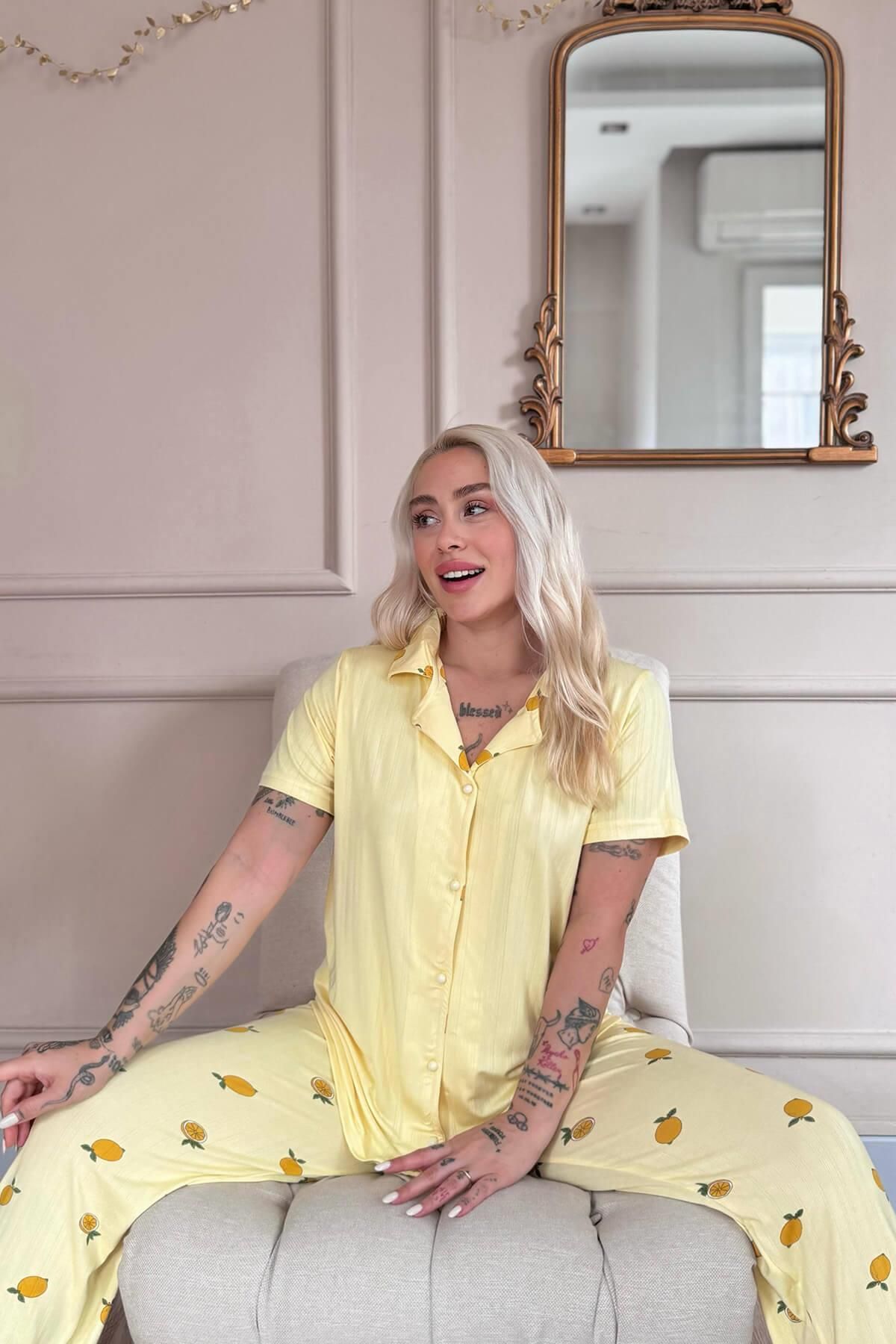 Pijamaevi-Yellow Citrus Charm Patterned Front Buttoned Marlenka Pajama Set 4