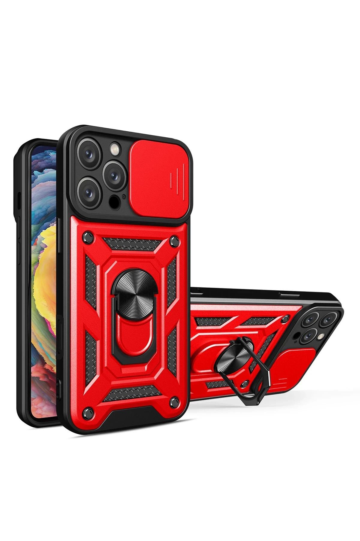 NewFace iPhone 16 Pro Kılıf Pars Lens Yüzüklü Silikon - Kırmızı BSTMY