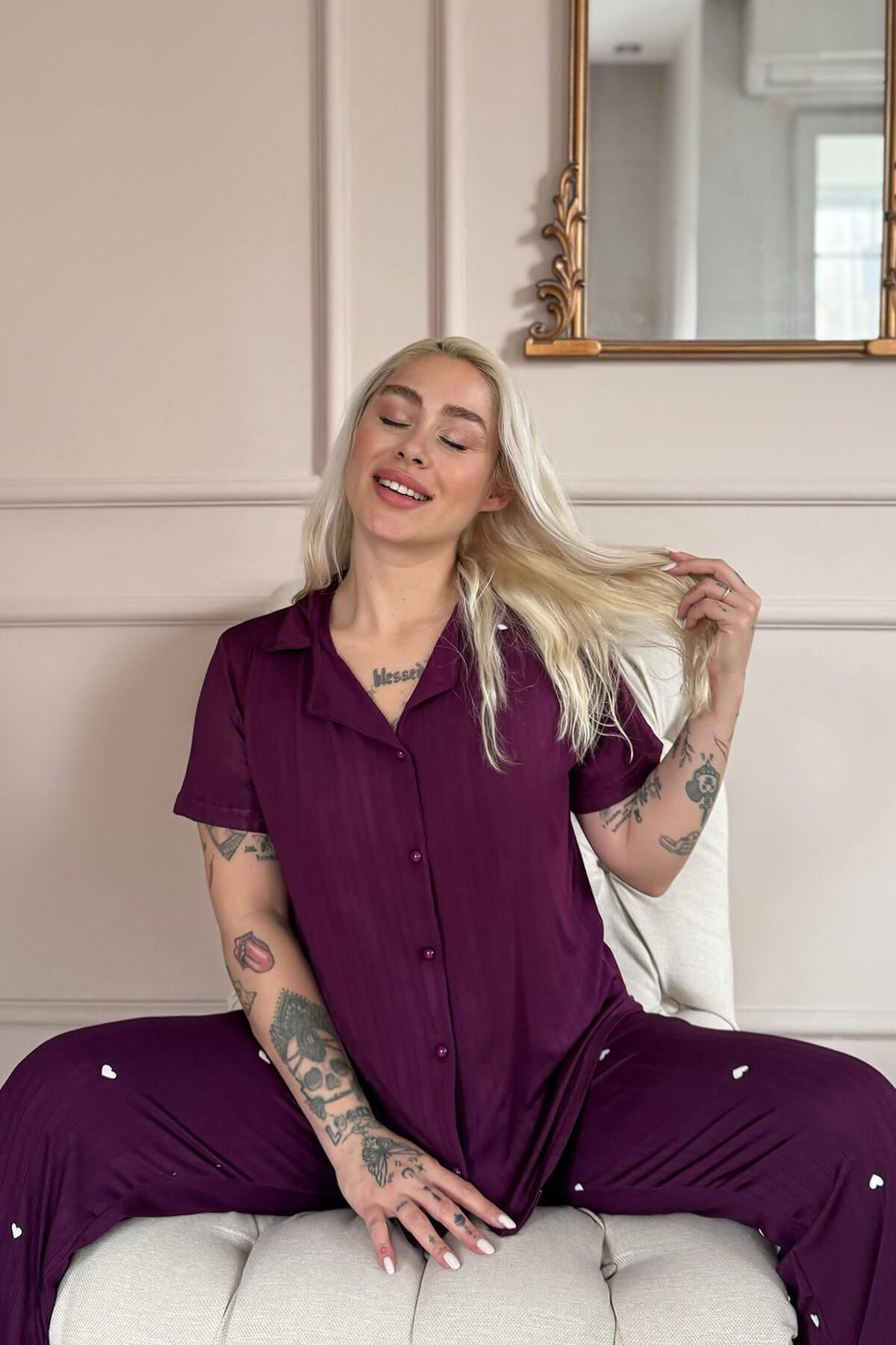 Pijamaevi-Plum Amour Patterned Front Buttoned Marlenka Pajama Set 3