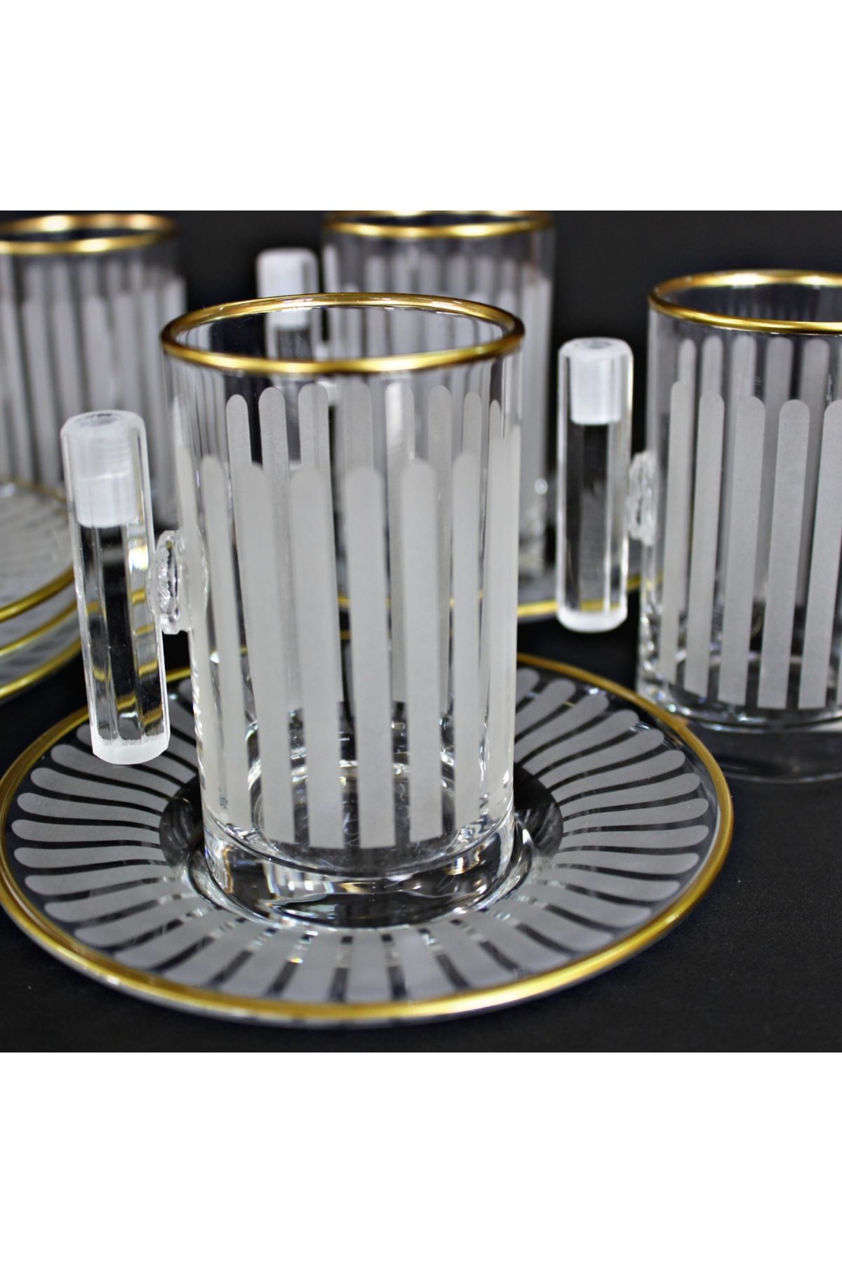 SAMSA-Gilded Matte Stick Pattern Processing Glass Handle Tea Coffee Set 18 Piece Set 5