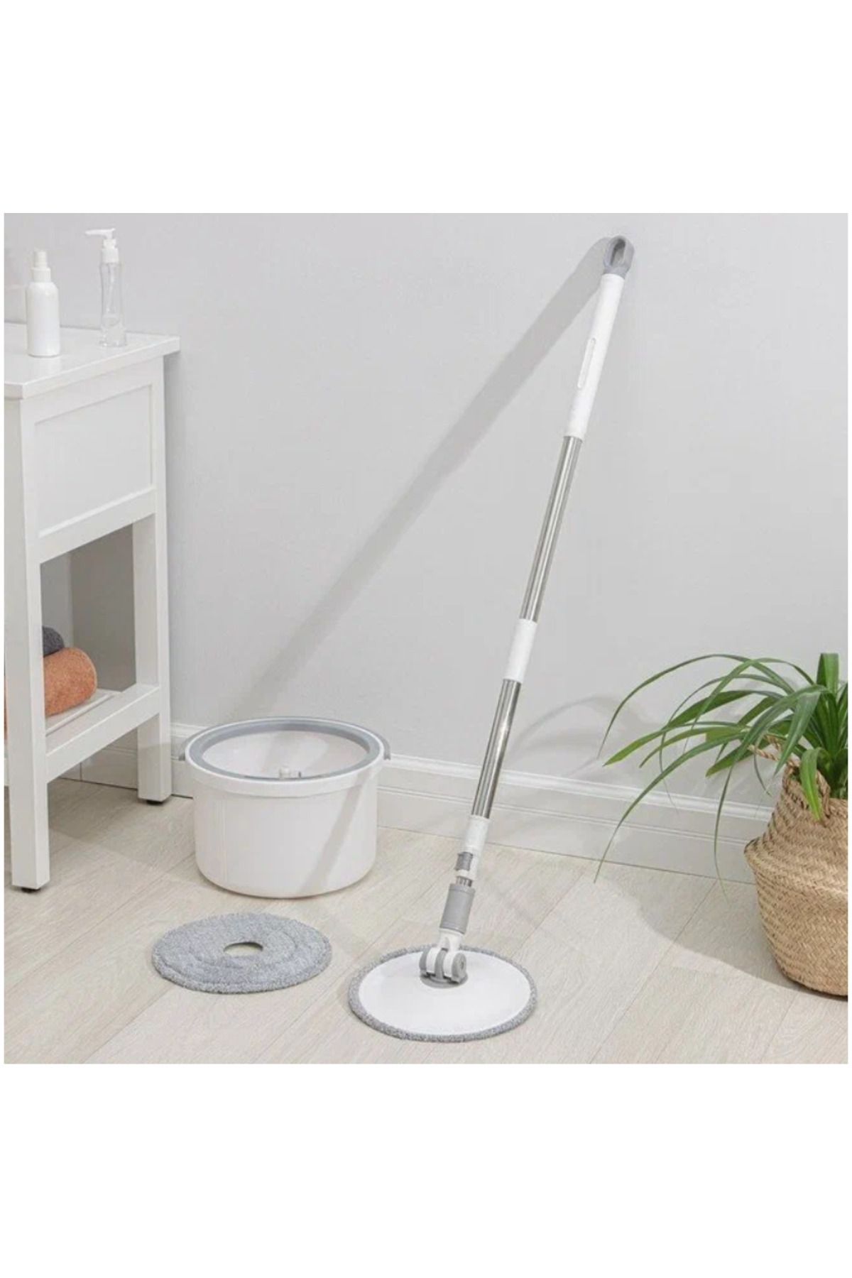 Herum Set De Mop Rotund Cu Găleată, Stoarcer, Mop Rotund Din Microfibră, 2 Cârpe Incluse, Gri/alb - One Size