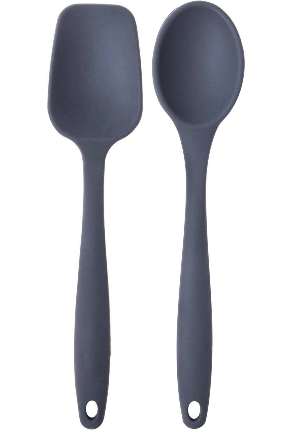 Kitchen Design Lab Büyük Boy Yanmaz Yapışmaz Antrasit Düz Spatula Ve Kaşık Seti 2'li