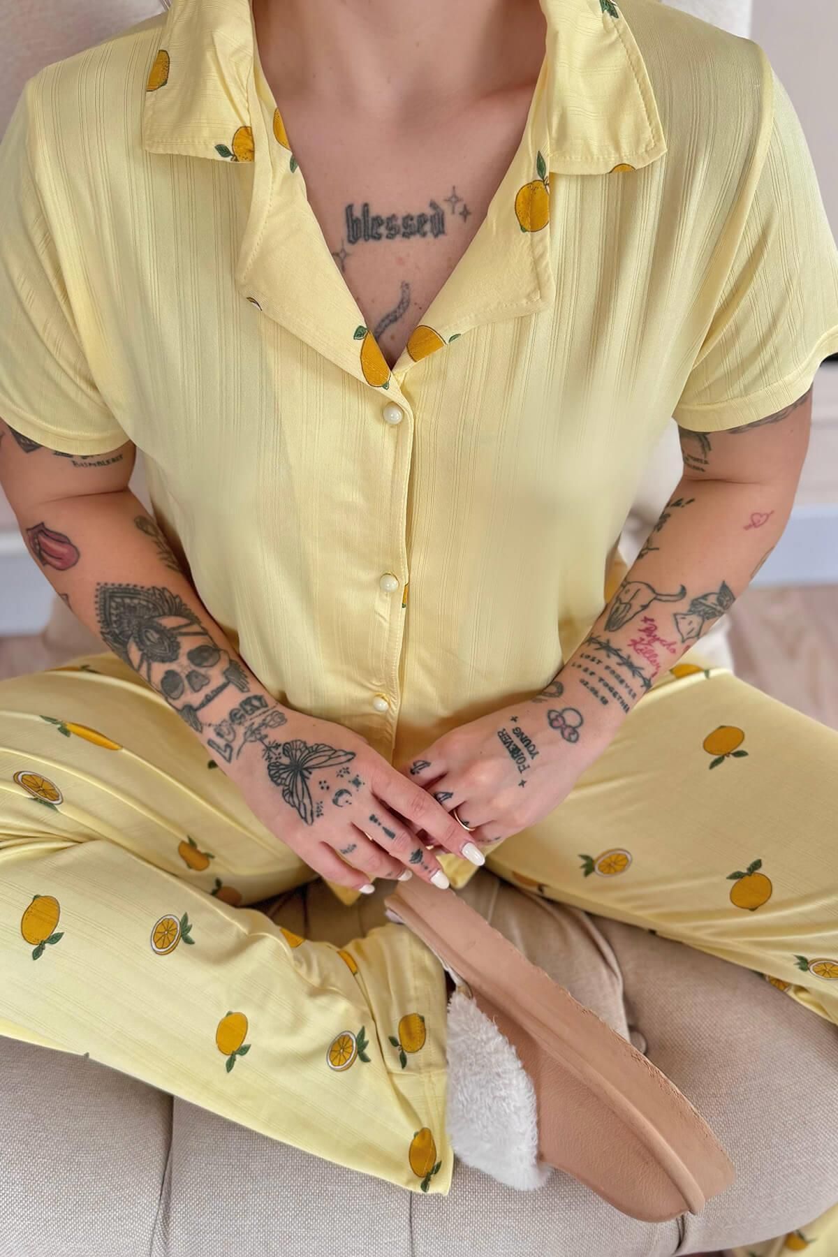 Pijamaevi-Yellow Citrus Charm Patterned Front Buttoned Marlenka Pajama Set 5