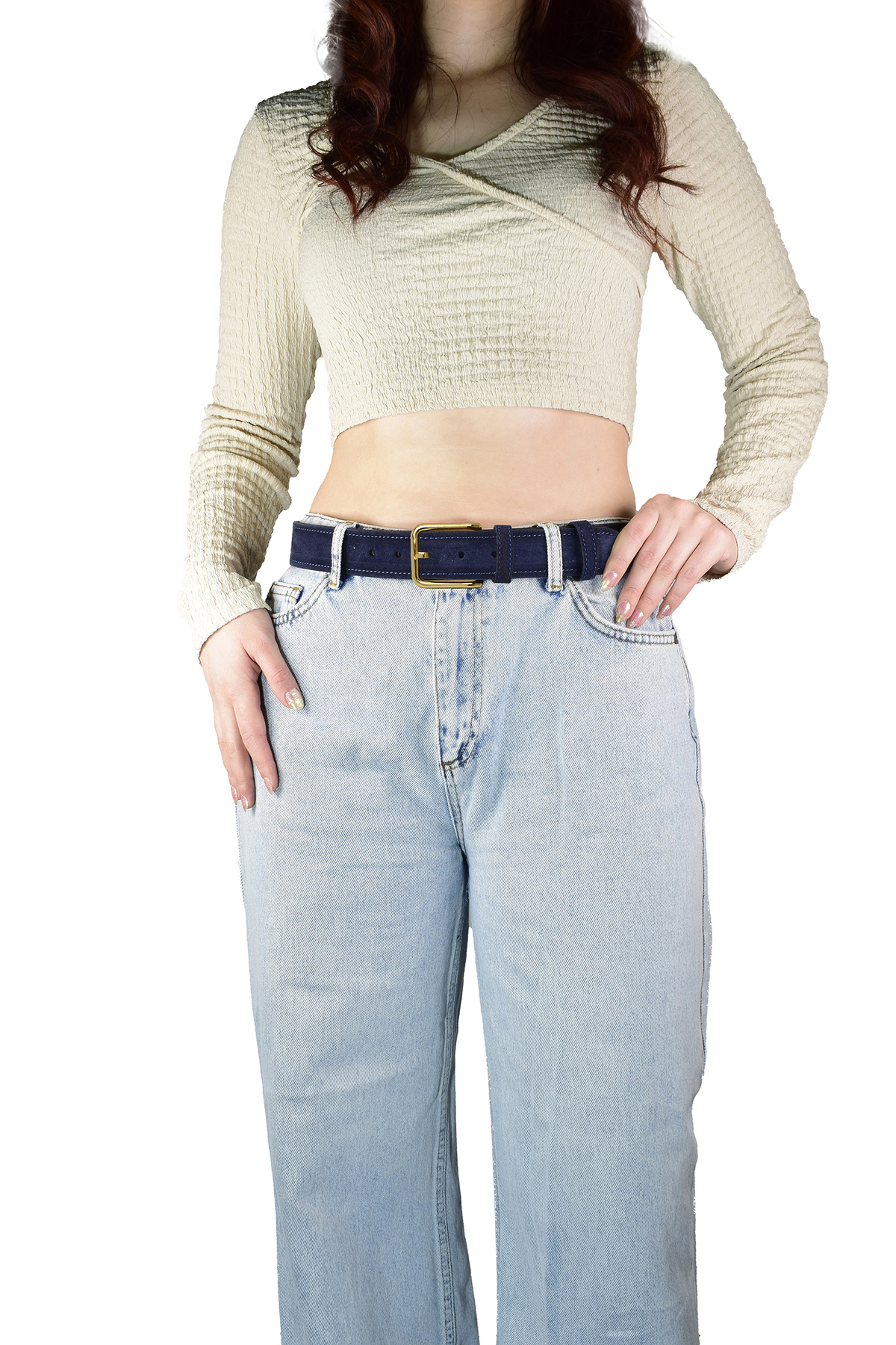 GoDeri-100% Genuine Leather, Gold Color 4 cm Suede Navy Blue Women's Belt 2