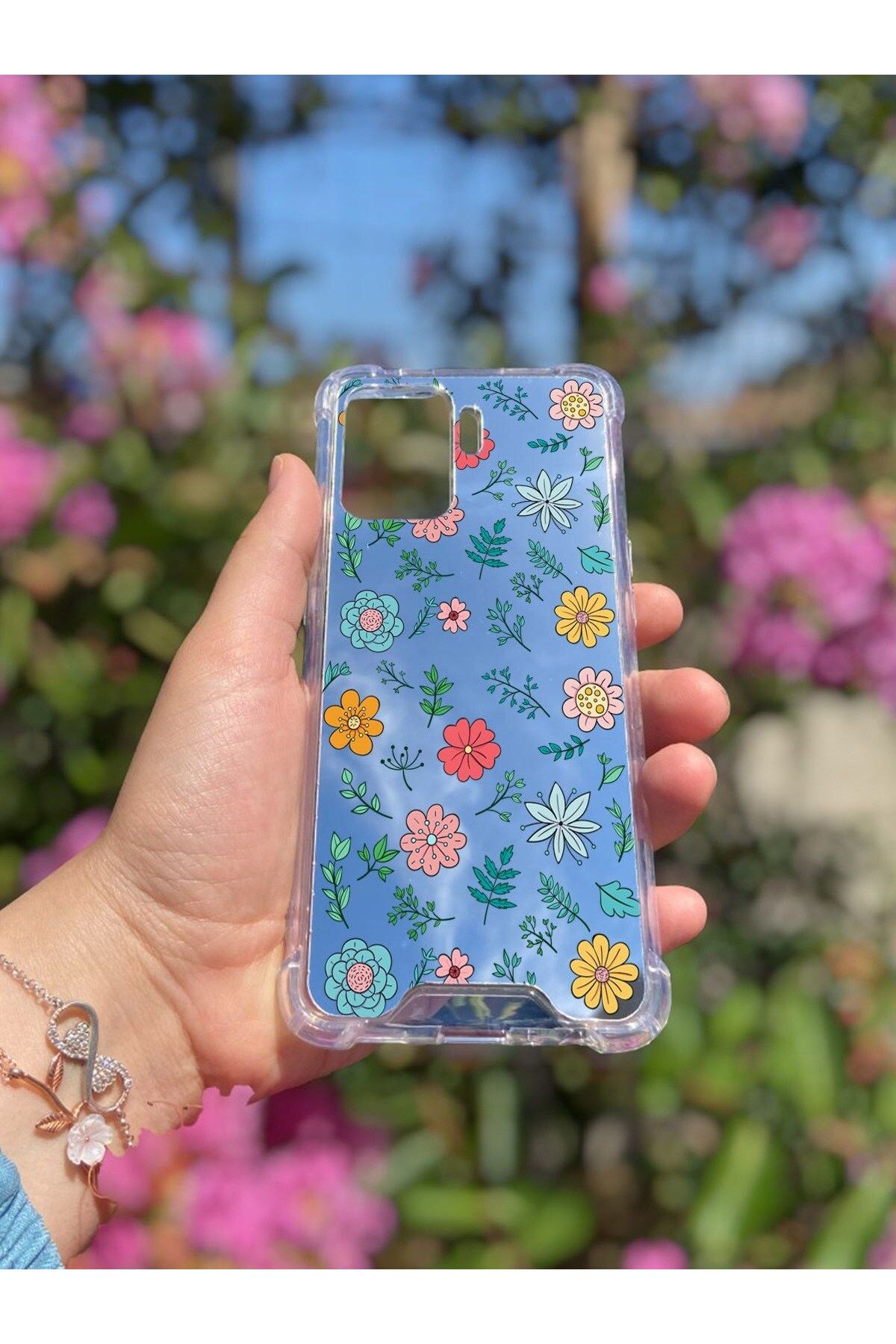 blueb Oppo Reno 5 Lite Uyumlu Aynalı Renkli Çiçek Desenli Darbe Kamera Korumalı Silikon Telefon Kılıfı