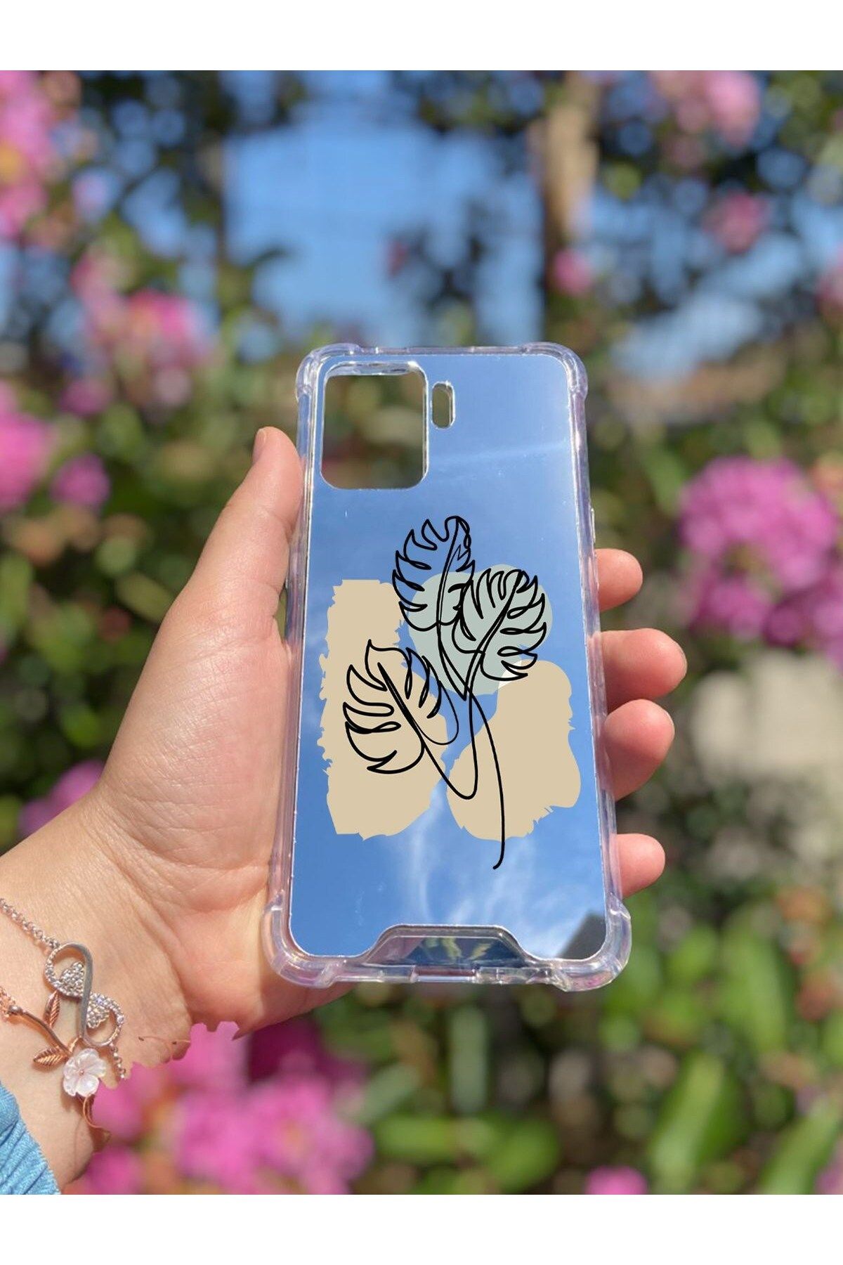 blueb Oppo Reno 5 Lite Uyumlu Aynalı Monstera Desenli Darbe Kamera Korumalı Silikon Telefon Kılıfı