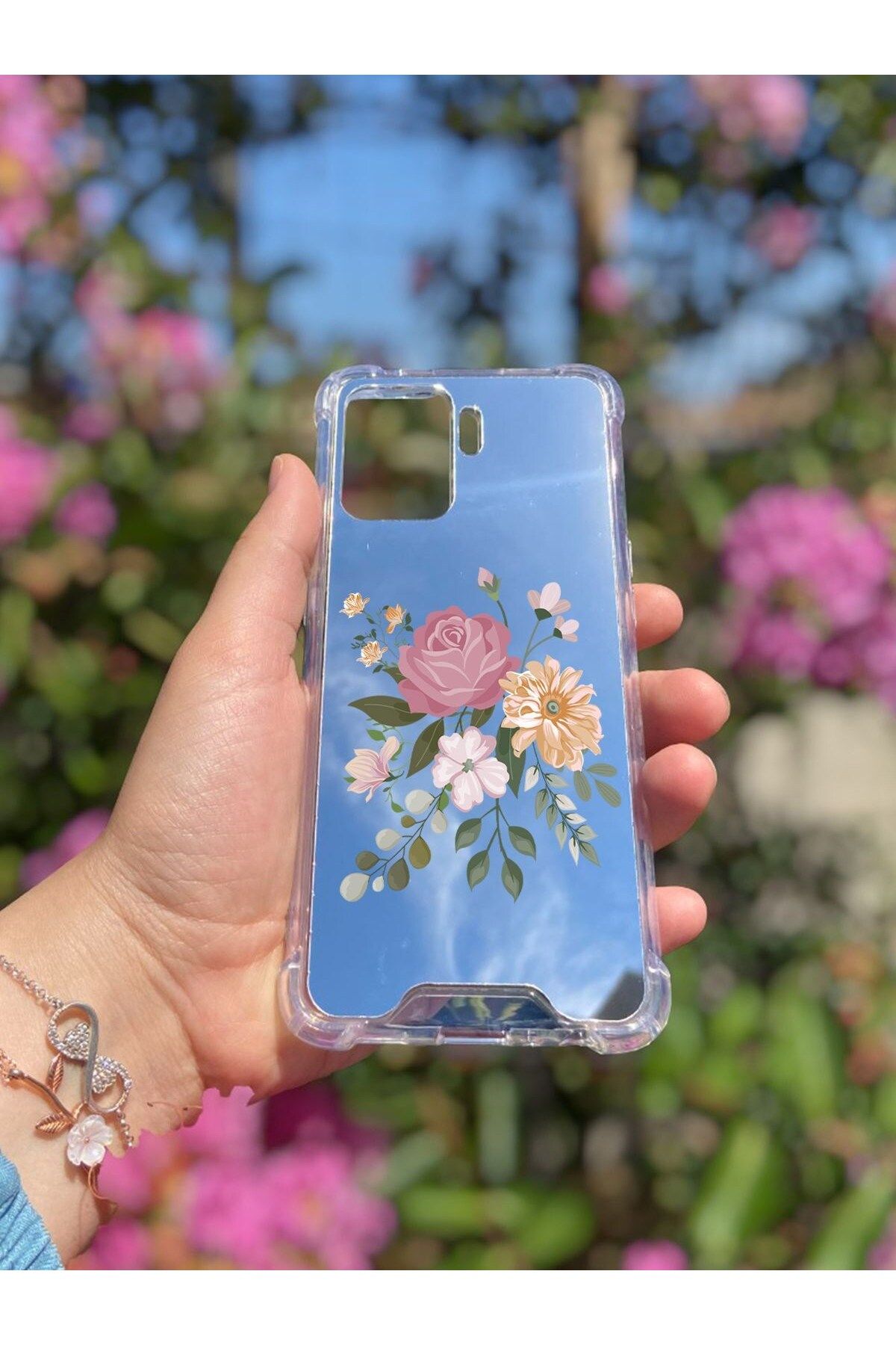 blueb Oppo Reno 5 Lite Uyumlu Aynalı Pembe Gül Desenli Darbe Kamera Korumalı Silikon Telefon Kılıfı