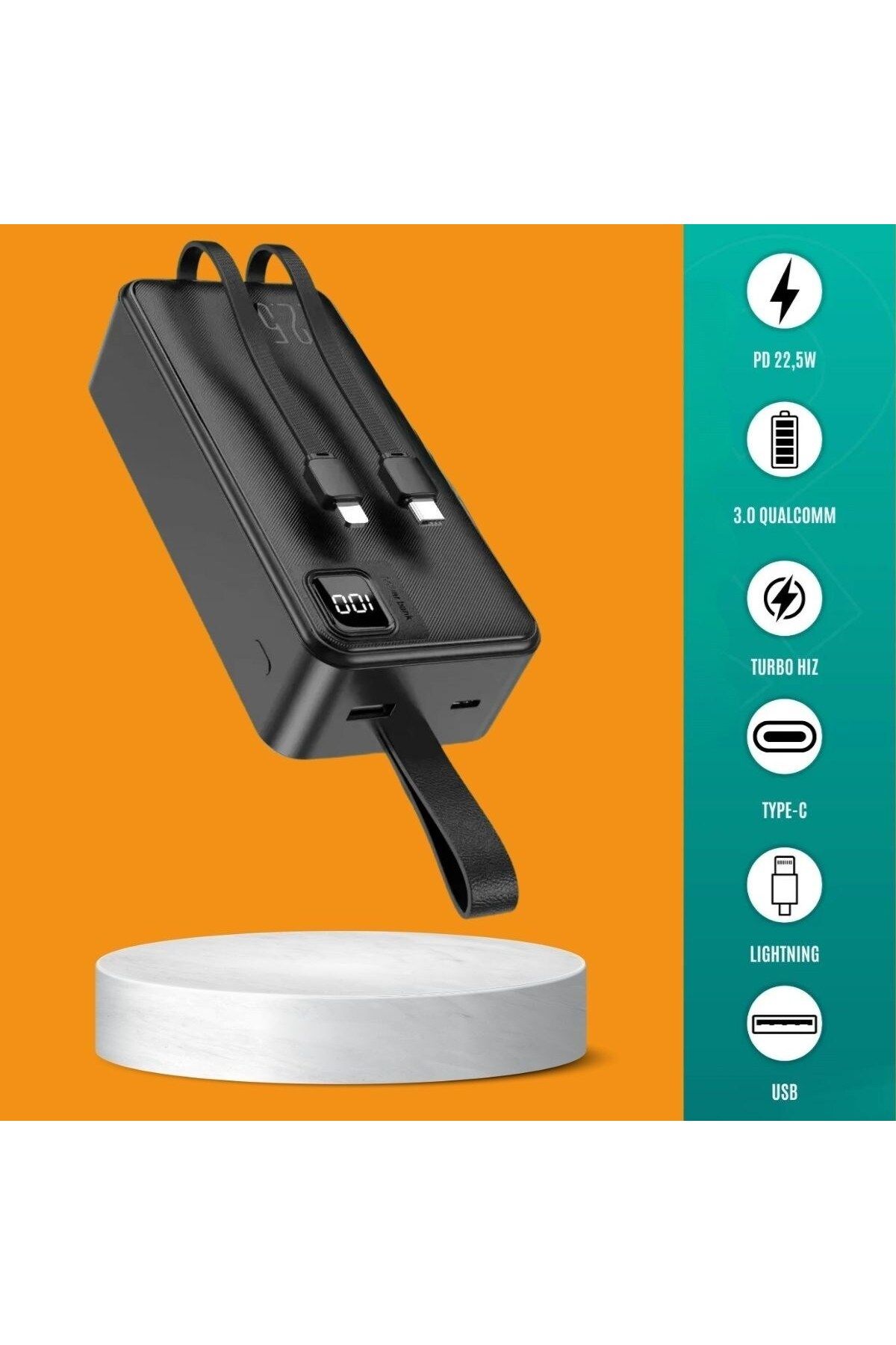 Biomak ® 30000 Mah 22,5w Süper Hızlı Lightning ve Tyype C Powerbank