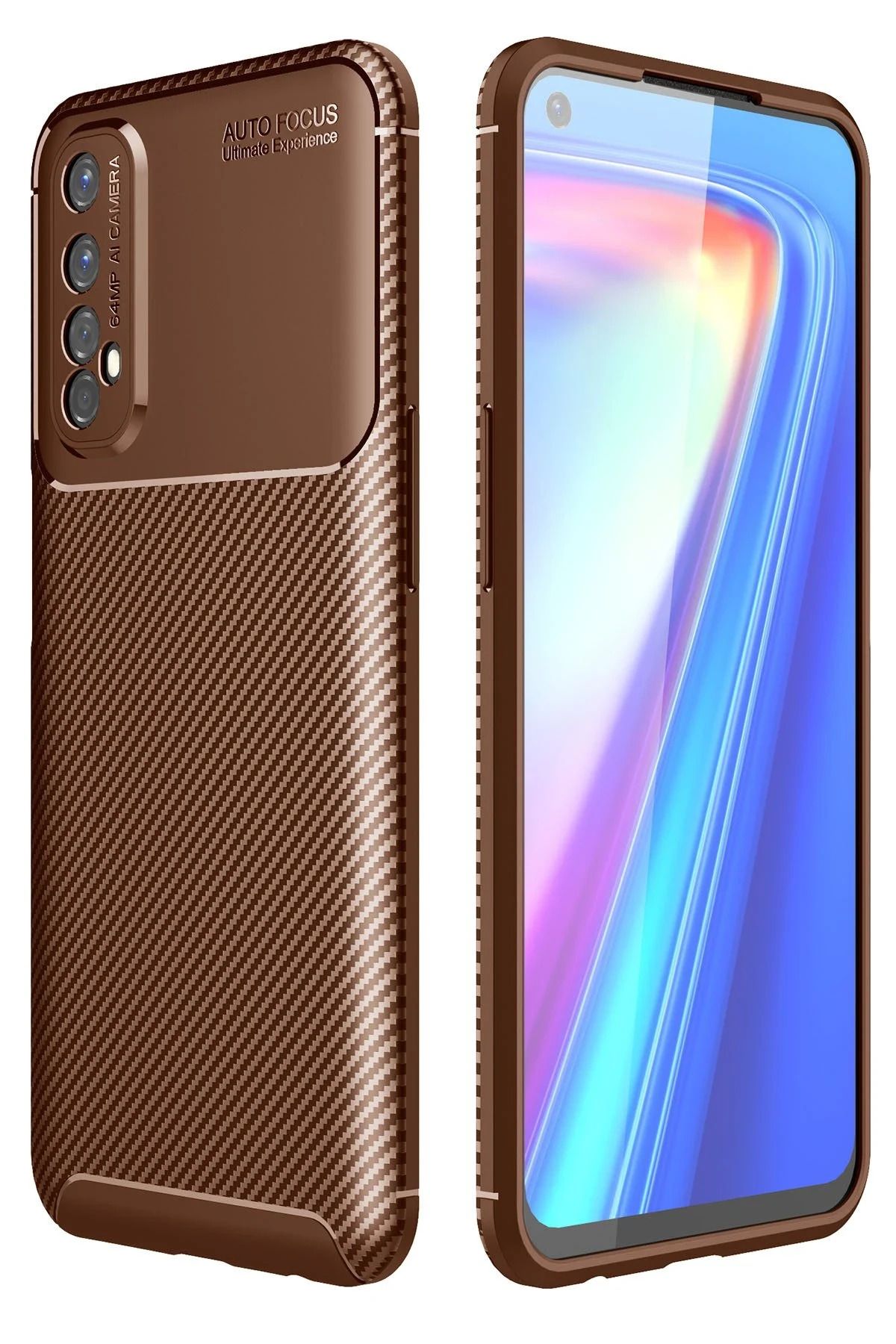 NewFace Realme 7 Kılıf Auto Focus Karbon Kapak - Kahverengi JOJUA