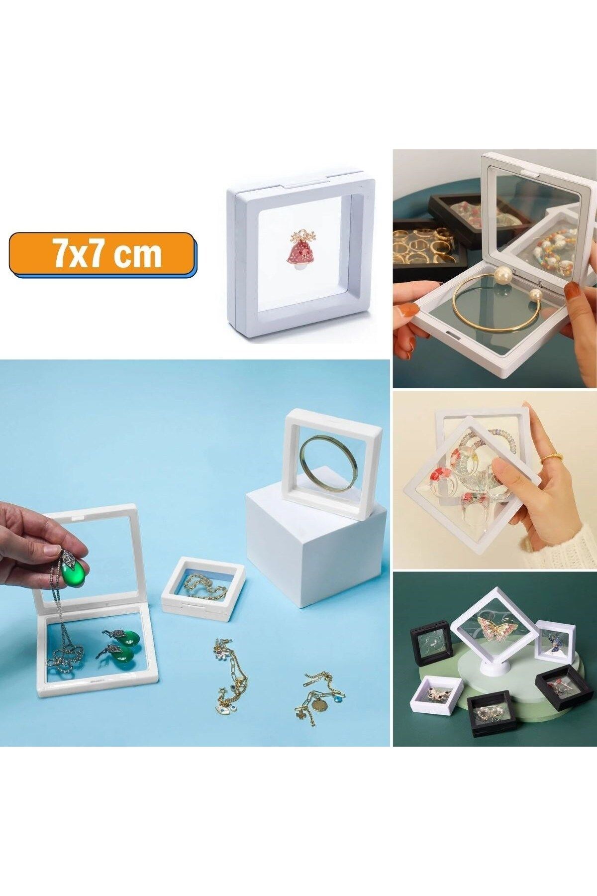 blueb ® 7x7 cm Standlı 3D Takı Ziynet Hatıra Koleksiyon Saklama Kutusu Şeffaf Film Çerçevesi