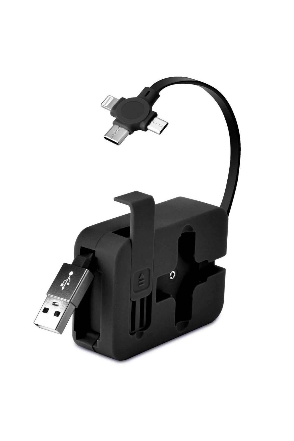 Nexora BUFFER® Cep Tipi Telefon Tutuculu Makaralı Uzayıp Kısalabilen 3'ü 1 Arada USB Şarj Kablosu