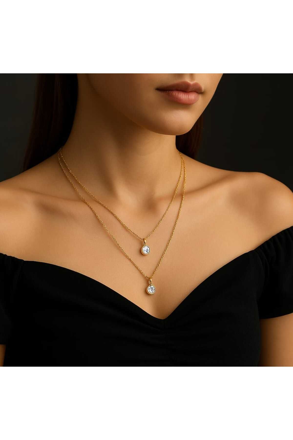 shop Zarifly Çift Katlı Kristal Kolye – Altın Renk Zincir