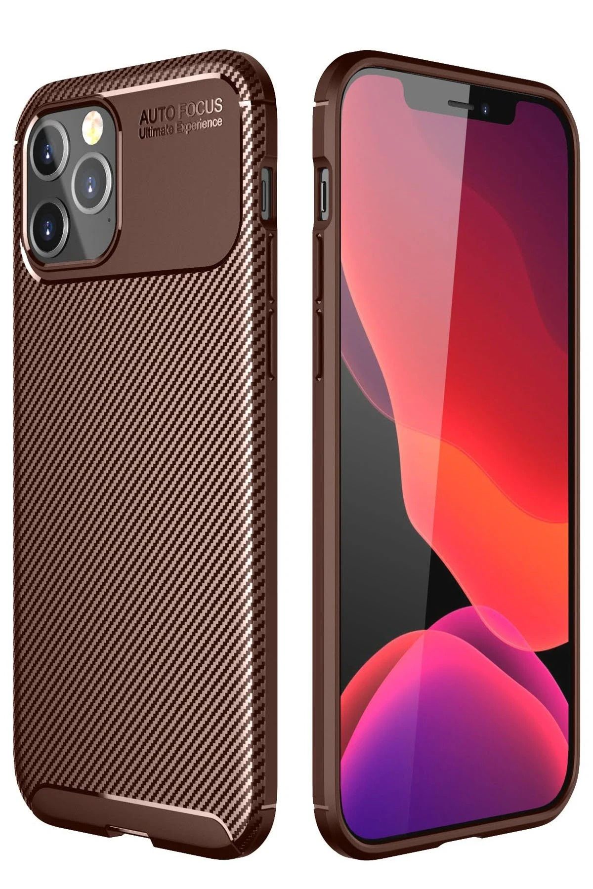 NewFace iPhone 12 Pro Max Kılıf Auto Focus Karbon Kapak - Kahverengi JOJUA