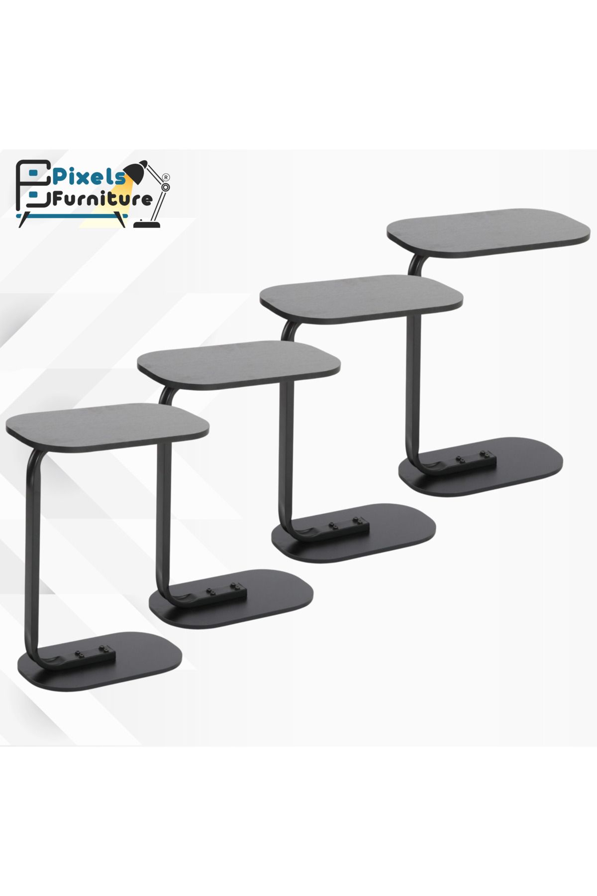 PixelsFurniture-مجموعة 4 طاولة جانبية من بكسل الأثاث على شكل C للأريكة والسرير، طاولة بقواعد معدنية صلبة 1