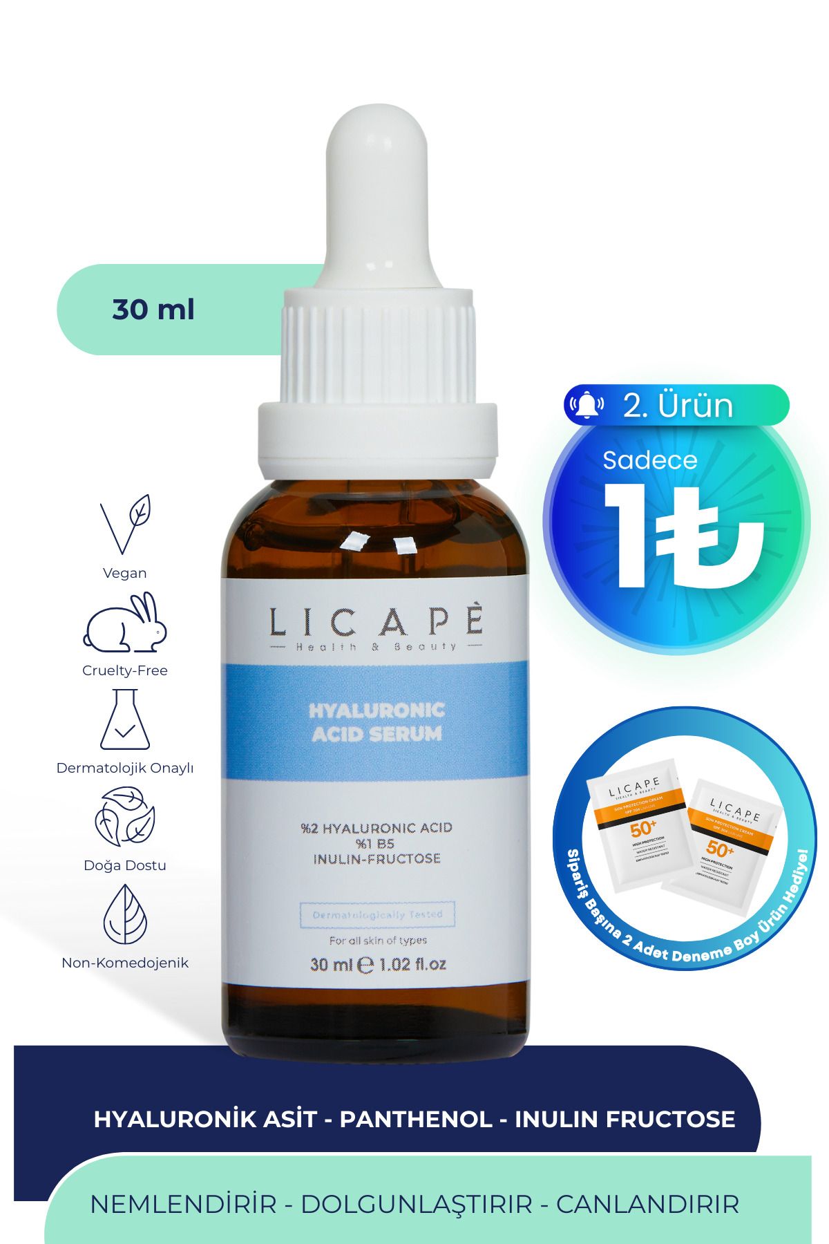 Licape Nemlendirici Aydınlatıcı Dolgunlaştırıcı Hyaluronik Asit Pantenol B5 Peptit Serum