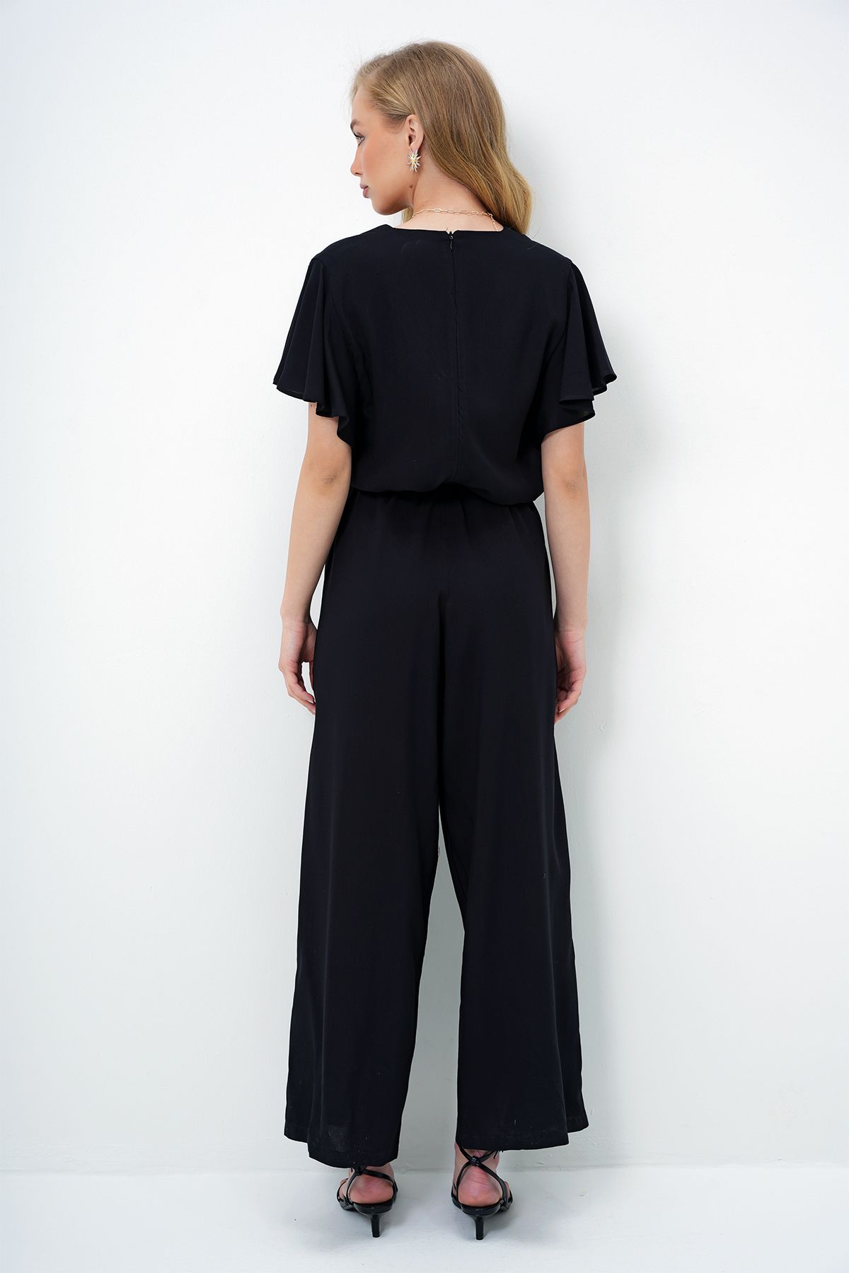 Trend Alaçatı Stili-Women's Black V-Neck Flared Sleeves Self Belted Woven Summer Jumpsuit Alc-X13787 7