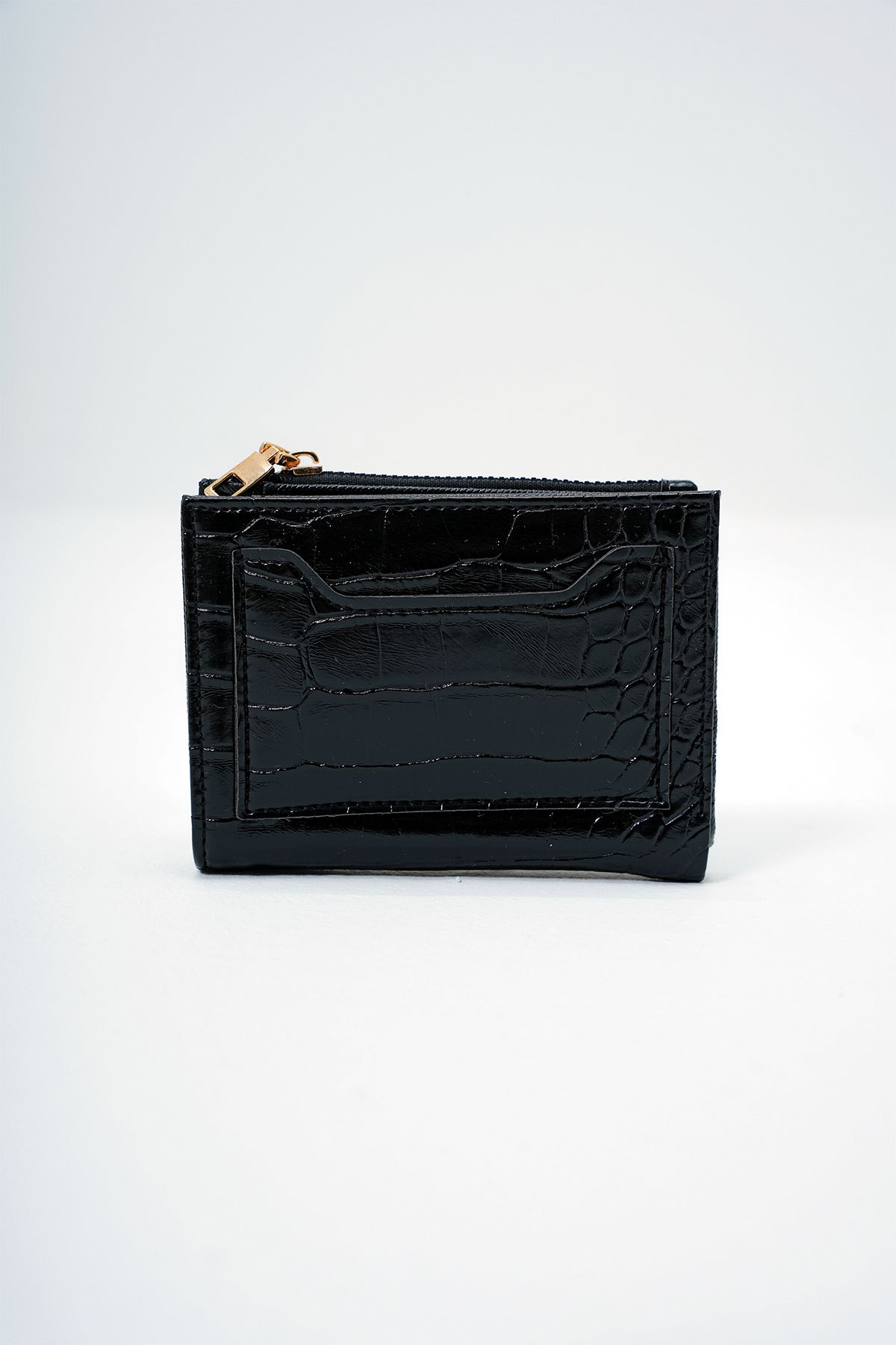 Trend Alaçatı Stili Schwarzes Kunstleder Kroko-muster Papier Und Münzfach Brieftasche Kartenhalter für Damen - One Size